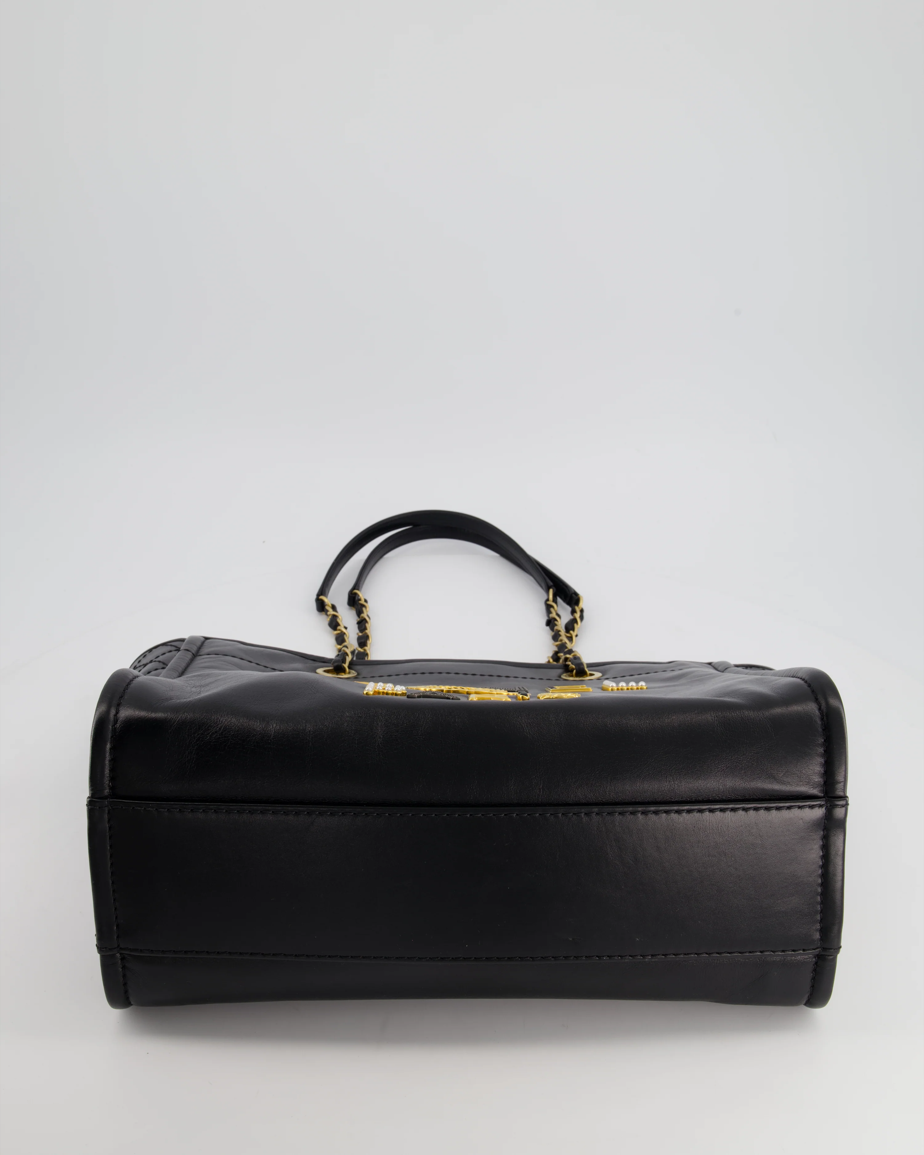*HOT* Chanel Black Small Deauville Tote Bag in Shiny Calfskin Leather with Antique Gold Hardware and Pearl, Crystal Logo Detail - Image 16