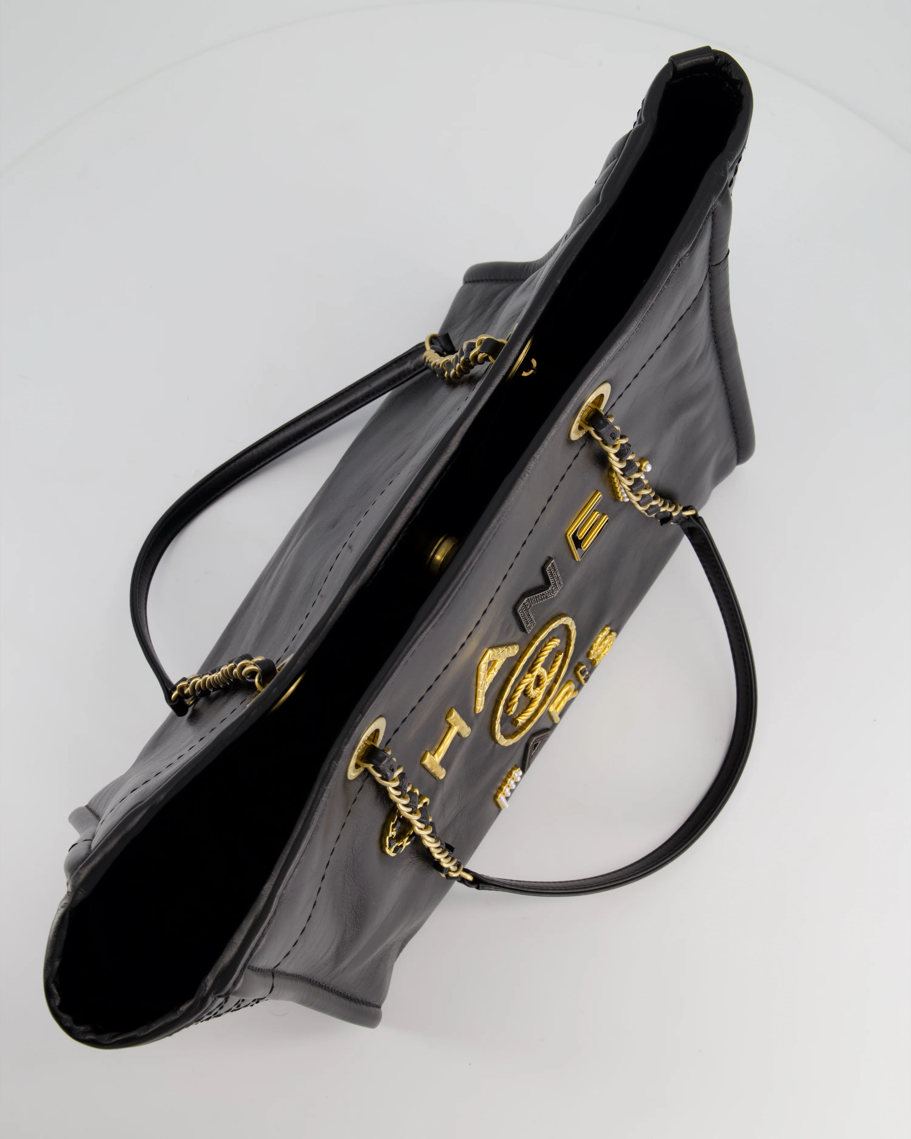 *HOT* Chanel Black Small Deauville Tote Bag in Shiny Calfskin Leather with Antique Gold Hardware and Pearl, Crystal Logo Detail - Image 19