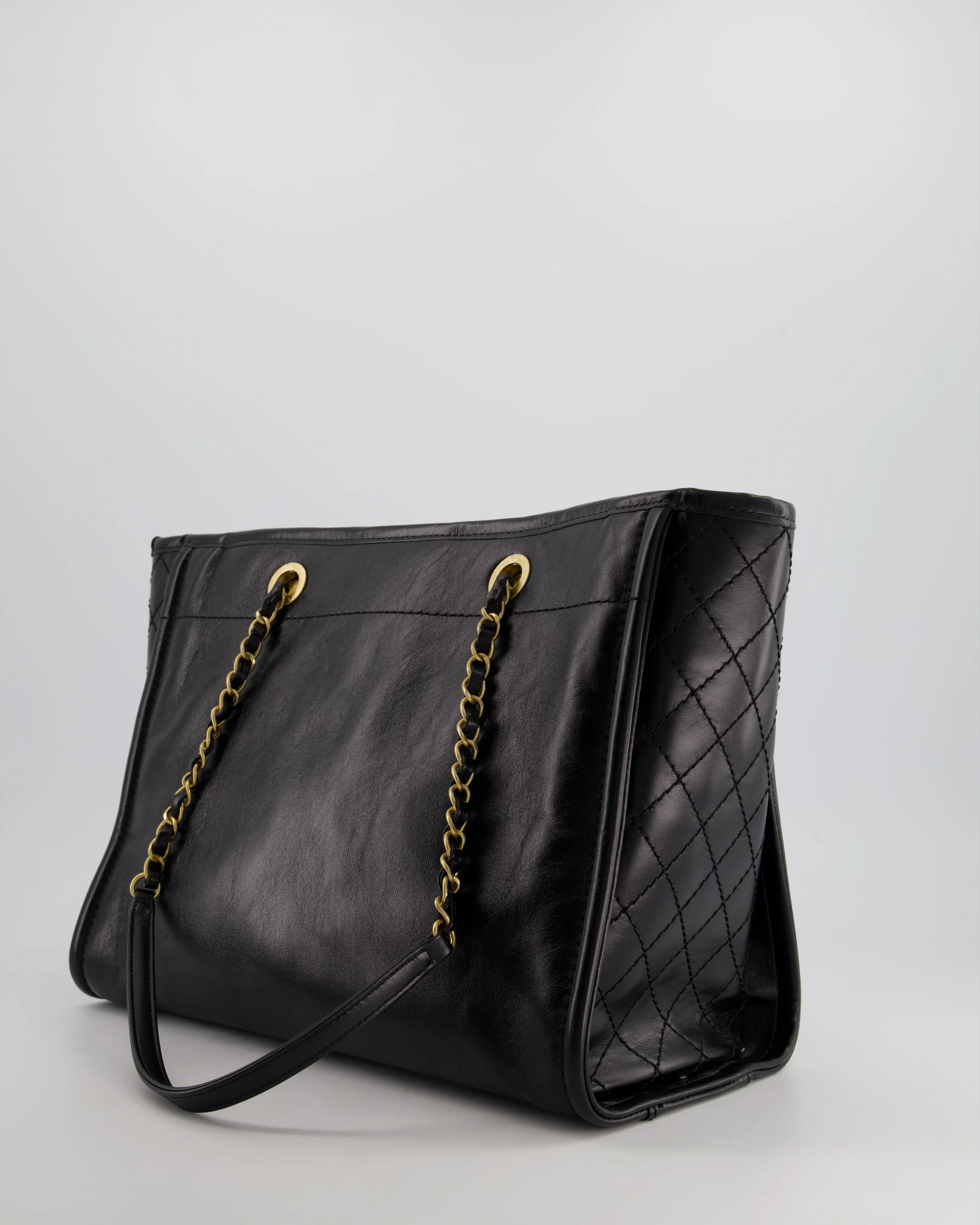 *HOT* Chanel Black Small Deauville Tote Bag in Shiny Calfskin Leather with Antique Gold Hardware and Pearl, Crystal Logo Detail - Image 8