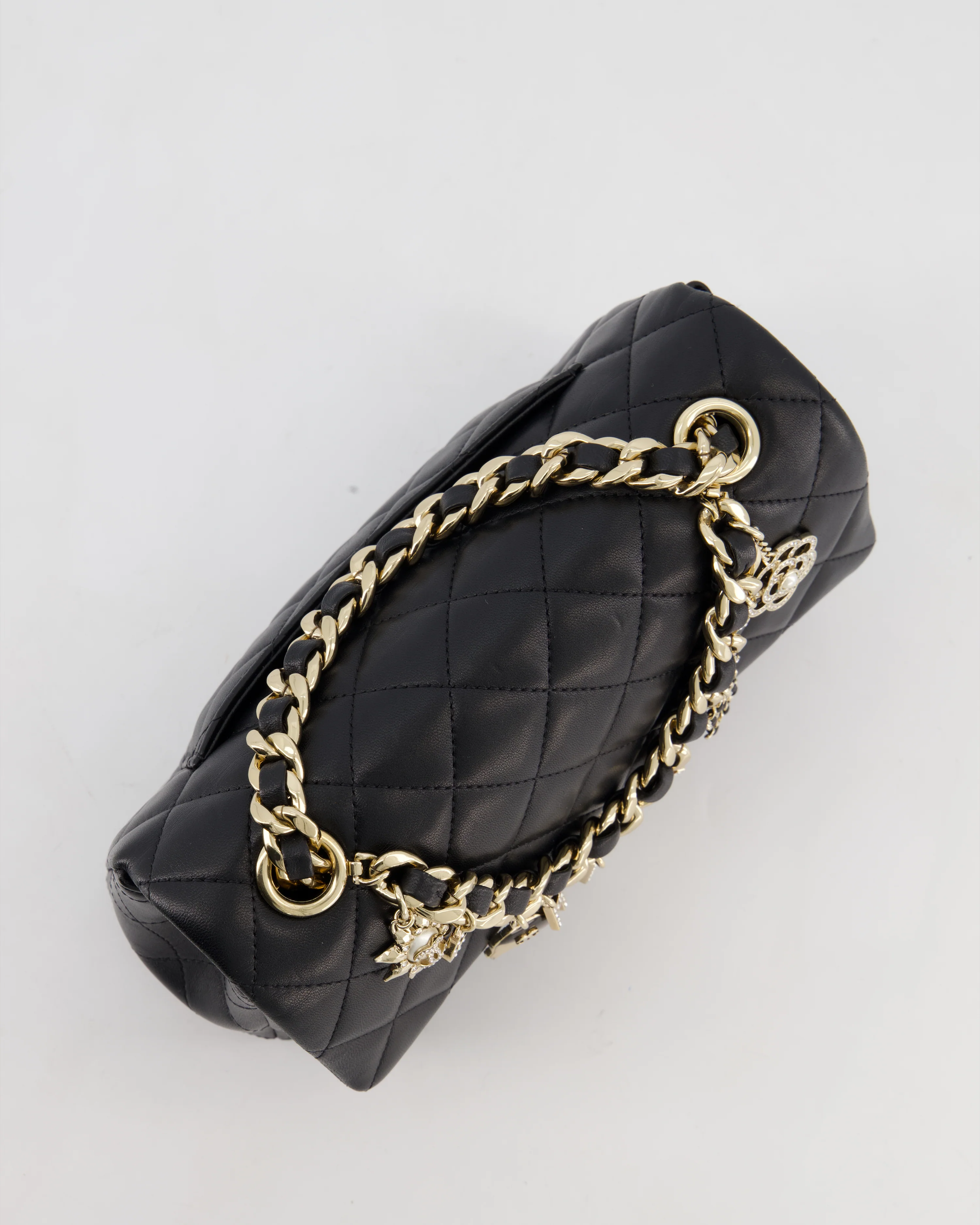 Chanel Black Mini Rectangular Single Flap Bag with Coco Charms in Lambskin Leather with Champagne Gold Hardware - Image 17