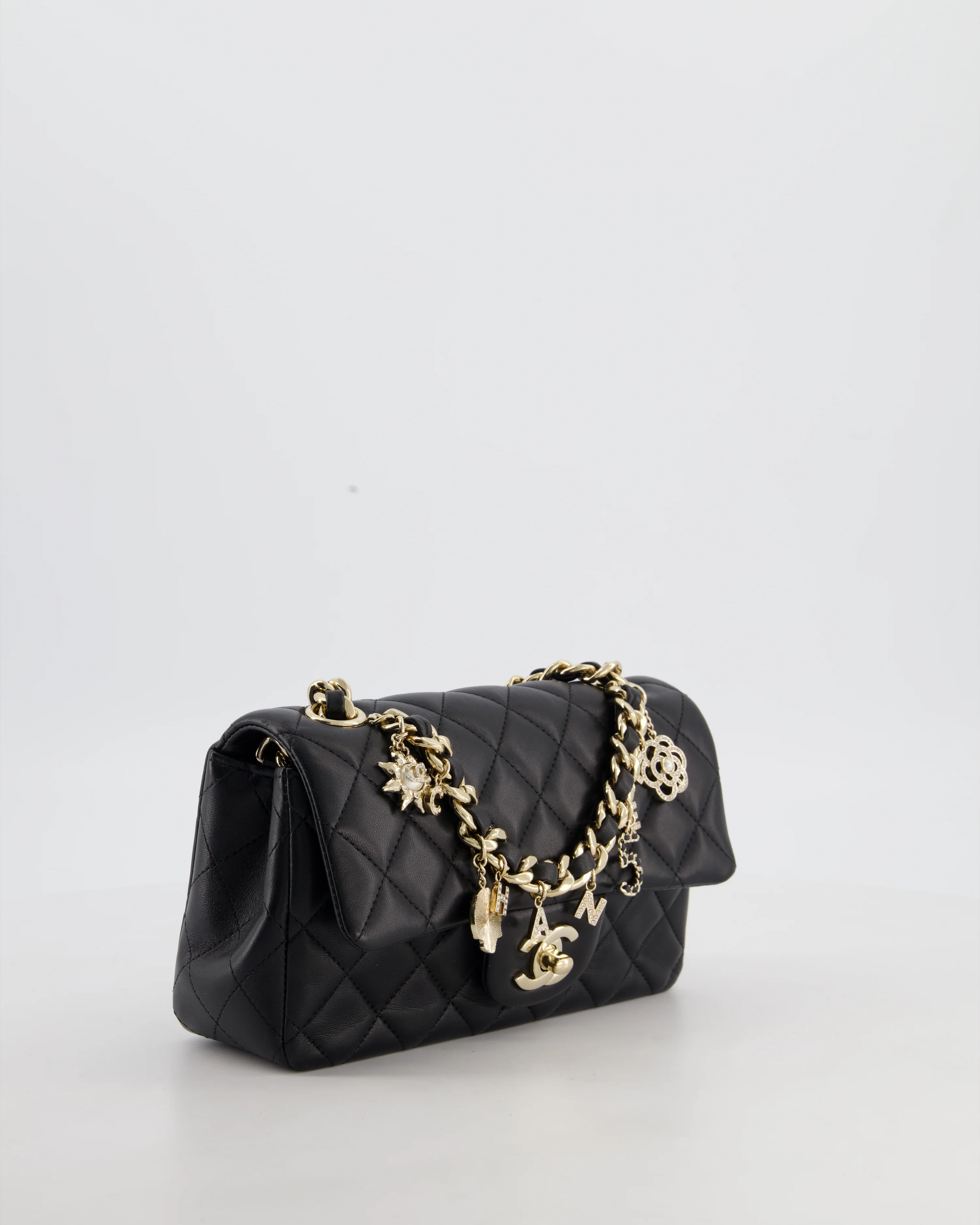 Chanel Black Mini Rectangular Single Flap Bag with Coco Charms in Lambskin Leather with Champagne Gold Hardware - Image 5