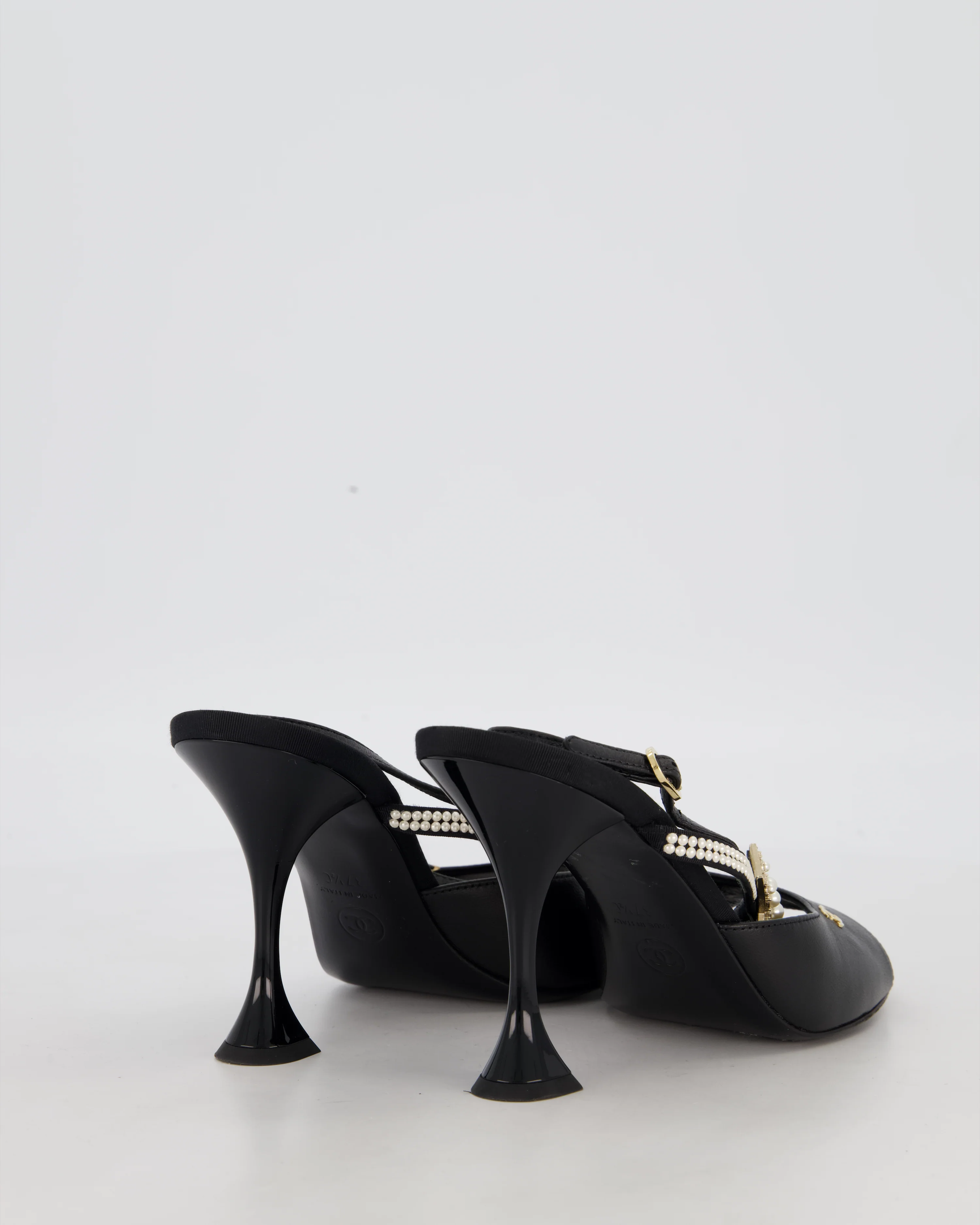 *HOT* Chanel Black Open-Toe CC Embellished Pearl Star Heels Size EU 37.5C - Image 3