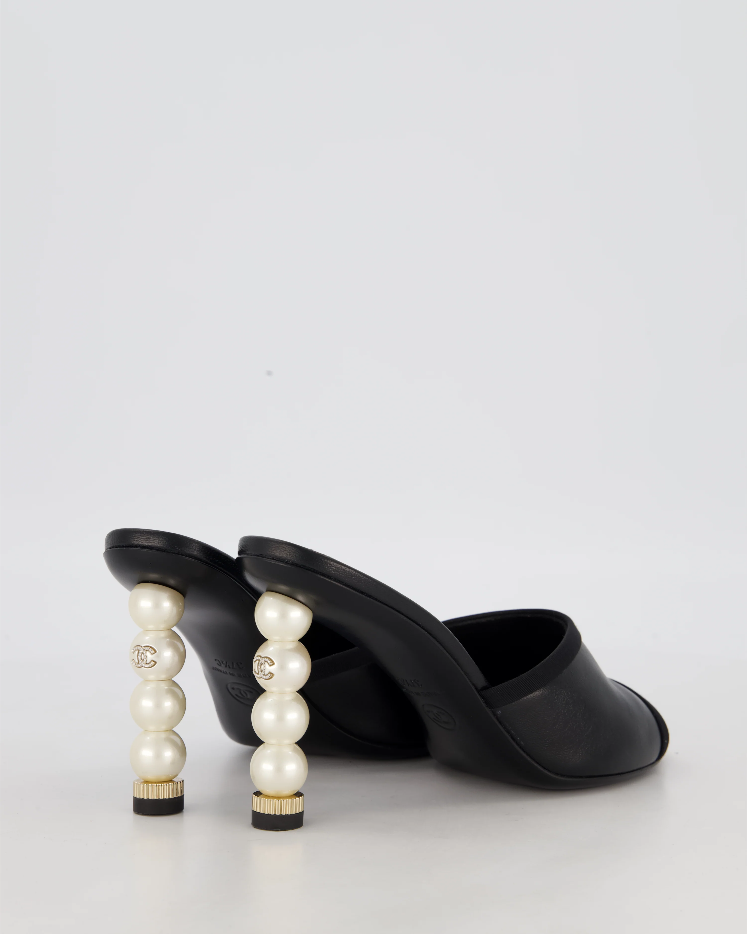 Chanel Black Open-Toe Heels with CC Pearl Detail Size EU 37.5C - Image 3