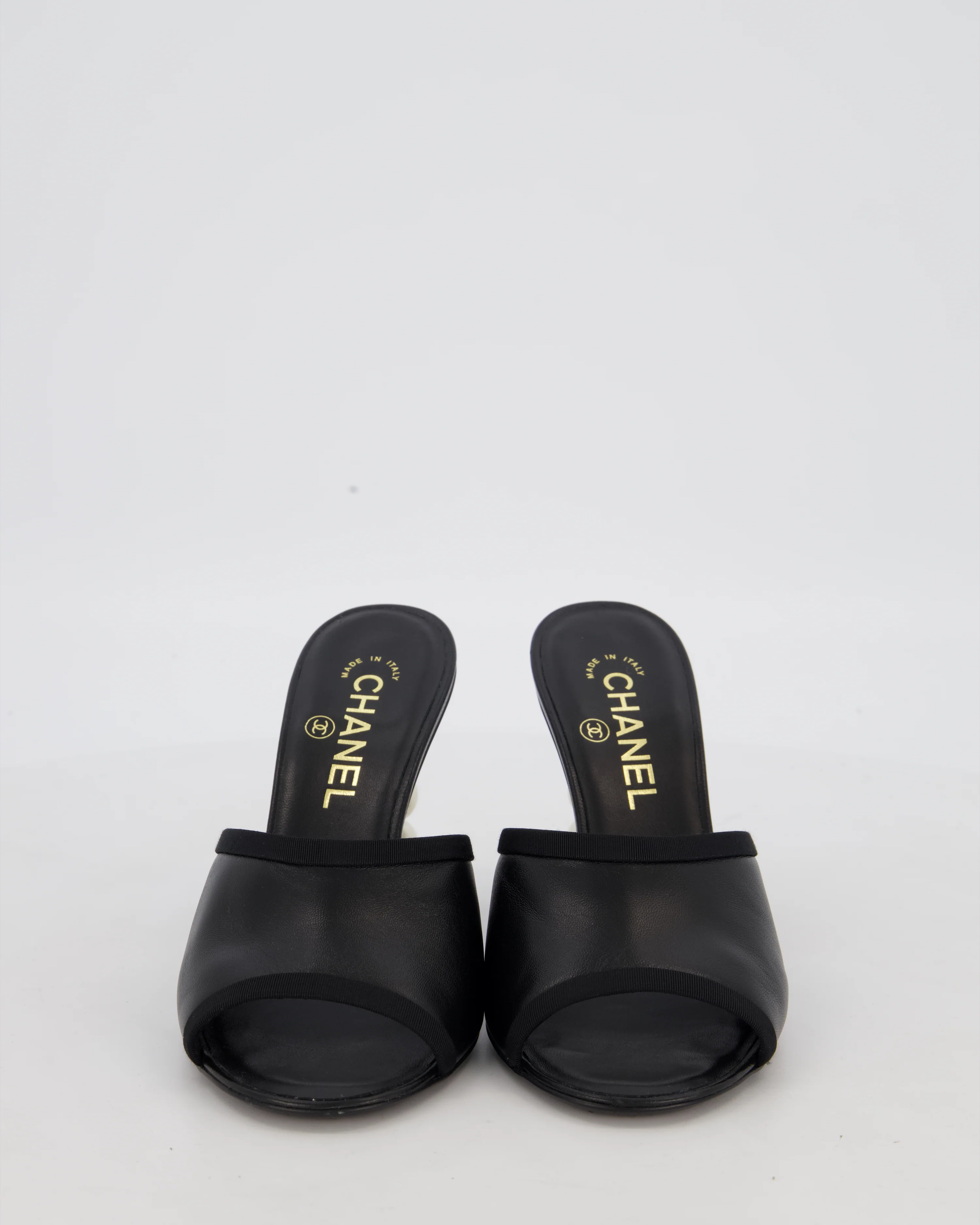 Chanel Black Open-Toe Heels with CC Pearl Detail Size EU 37.5C - Image 4