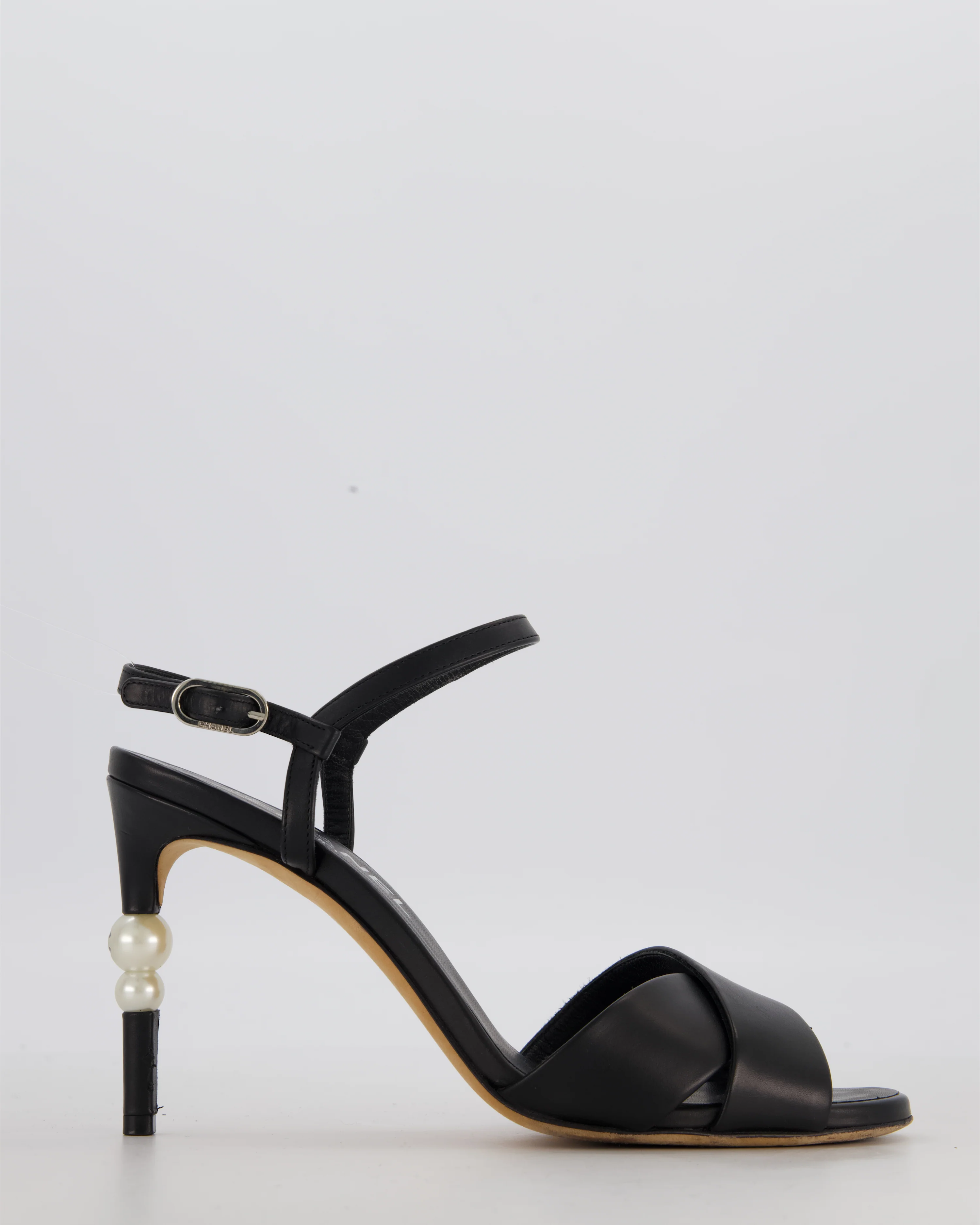 *HOT* Chanel Black Open-Toe with CC Pearl Heel Detail Size EU 37.5C