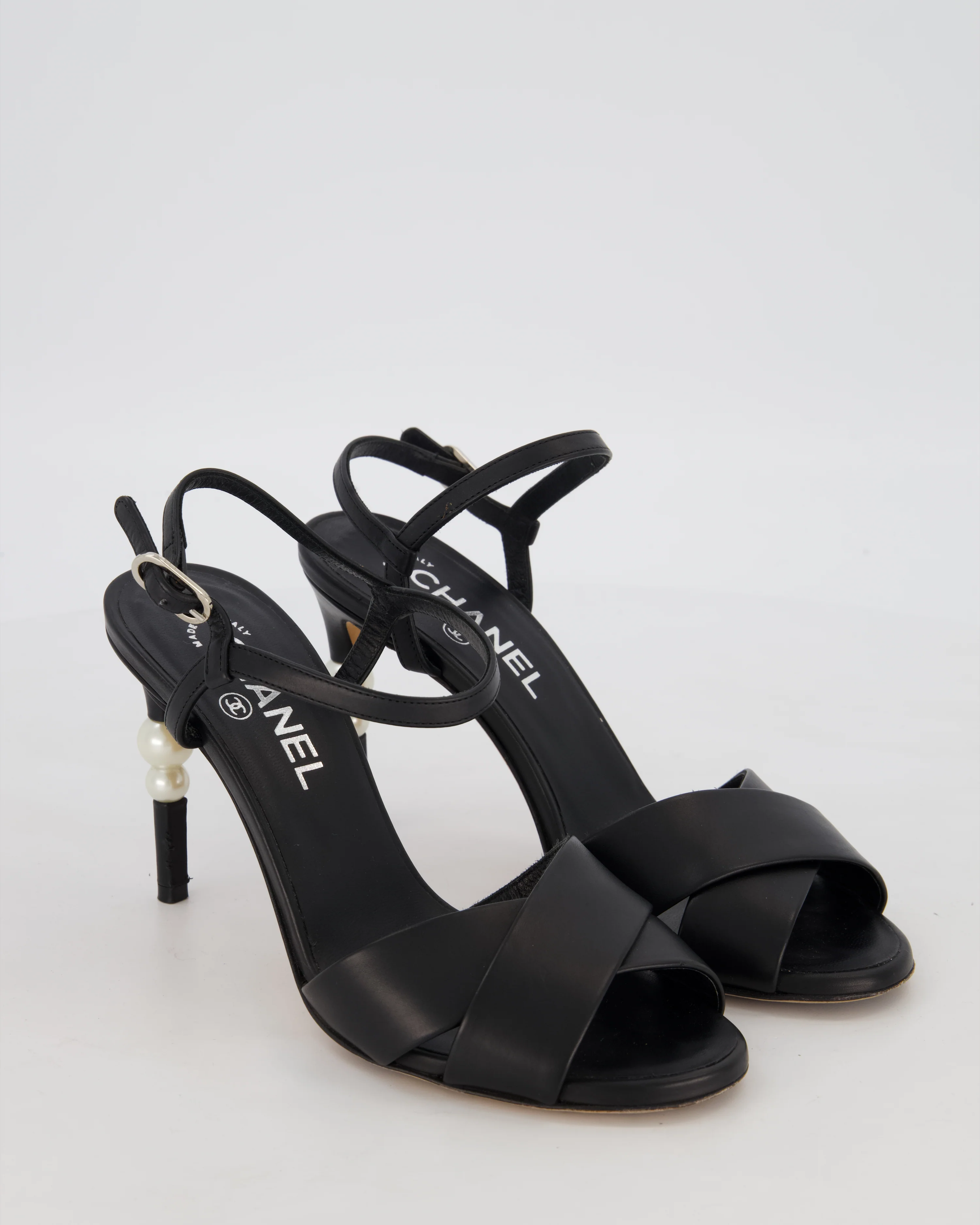 *HOT* Chanel Black Open-Toe with CC Pearl Heel Detail Size EU 37.5C - Image 2