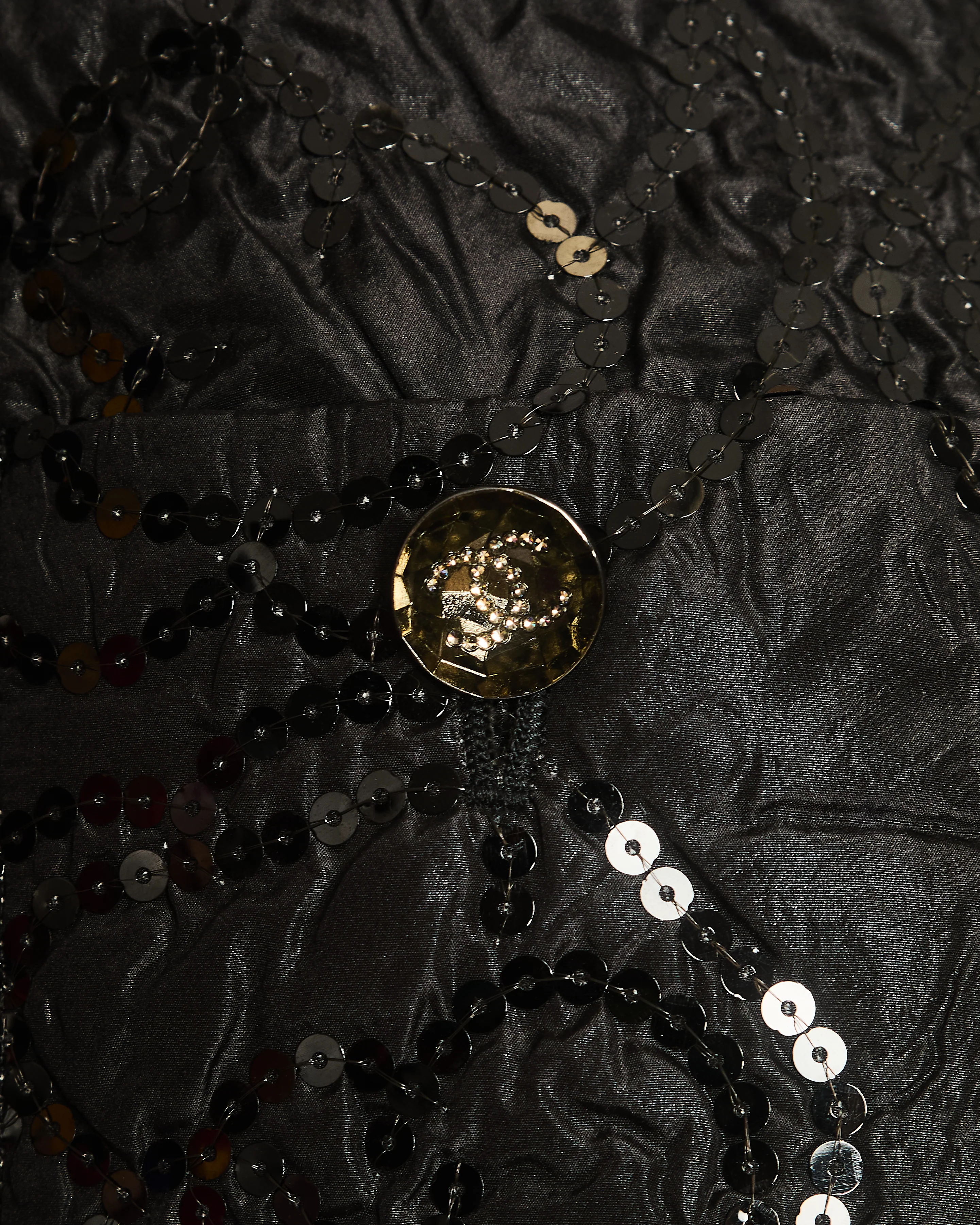 Chanel Black Padded Short-Sleeved Mini Dress with Sequin Camellia Embroideries and Front Pockets with Crystal CC Logo Buttons Size FR 38 (UK 10 - Image 4