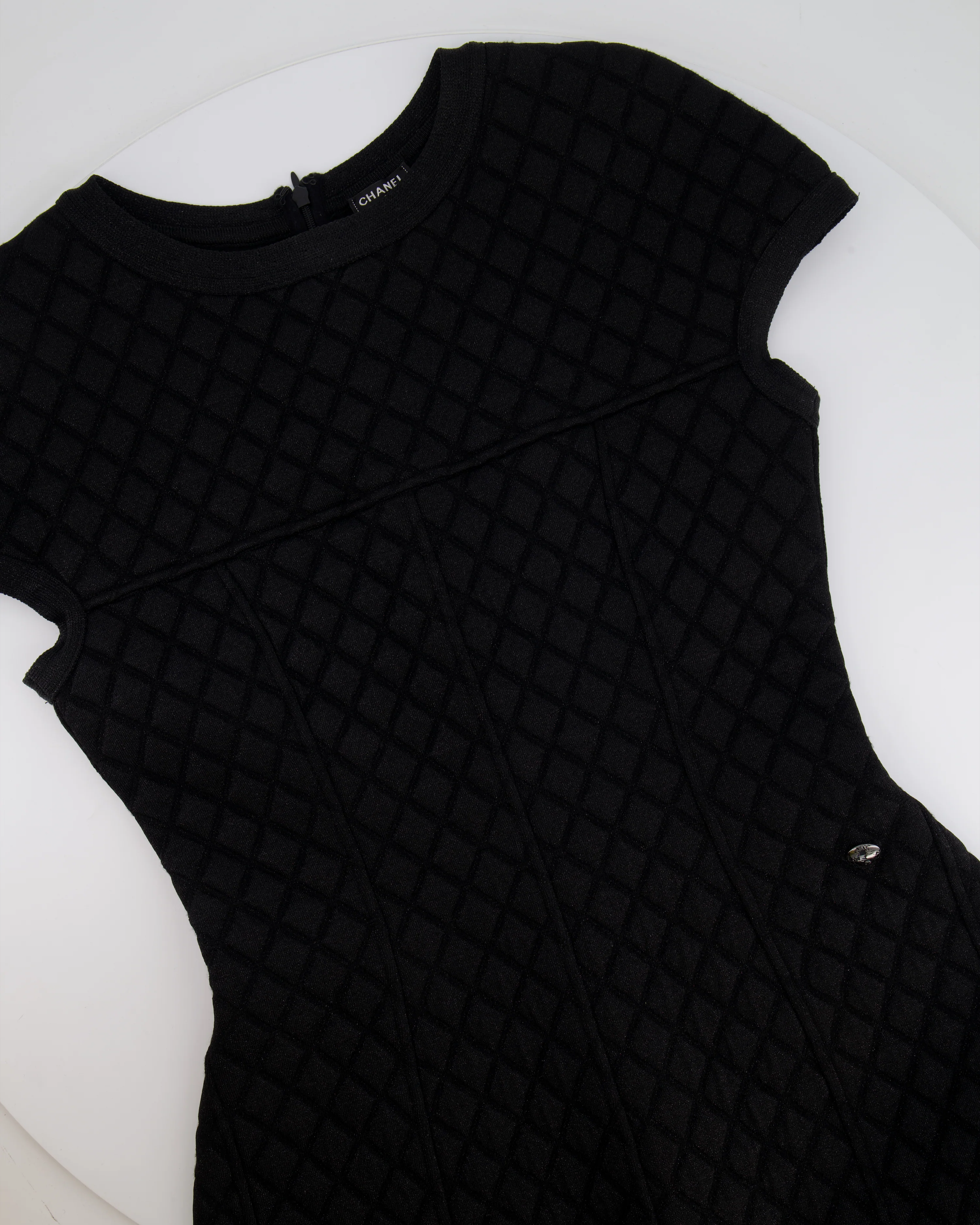 Chanel Black Padded Shimmery Short Sleeve Bodycon Mini Dress with CC Logo Detail Size FR 40 (UK 12) - Image 5