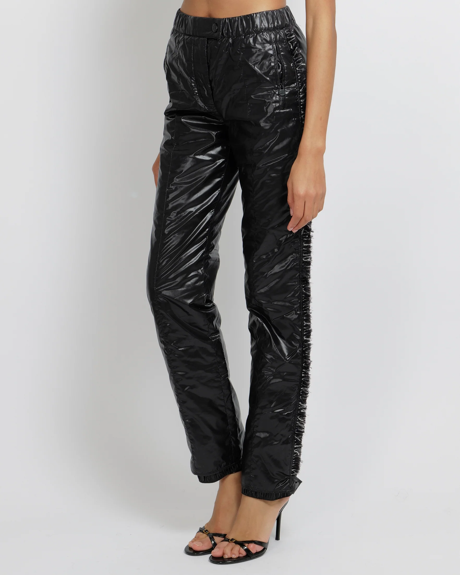 Chanel Coco Neige Black Padded Trousers with Black and White Tweed Side Strips and Black CC Logo Buttons Size FR 36 (UK 8)