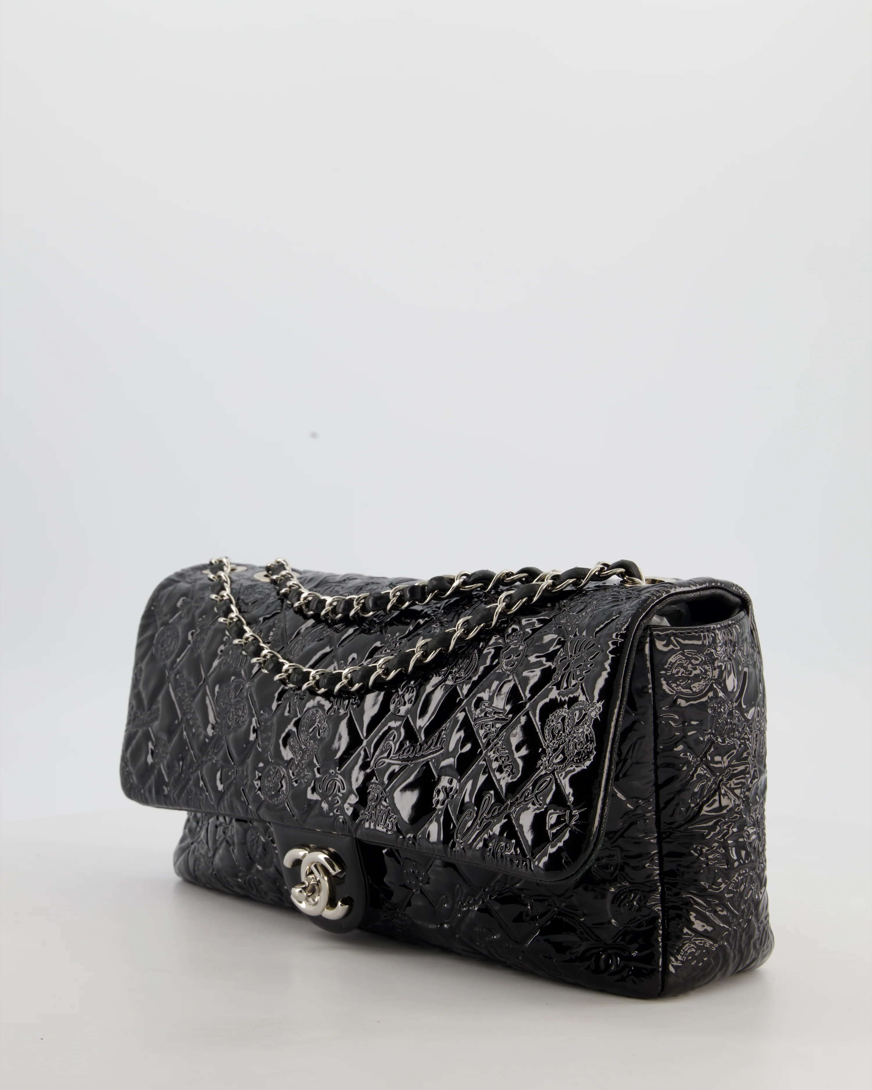 Chanel Black Patent East West Single Flap Bag with Embossed Charm Details and Silver Hardware - Image 10