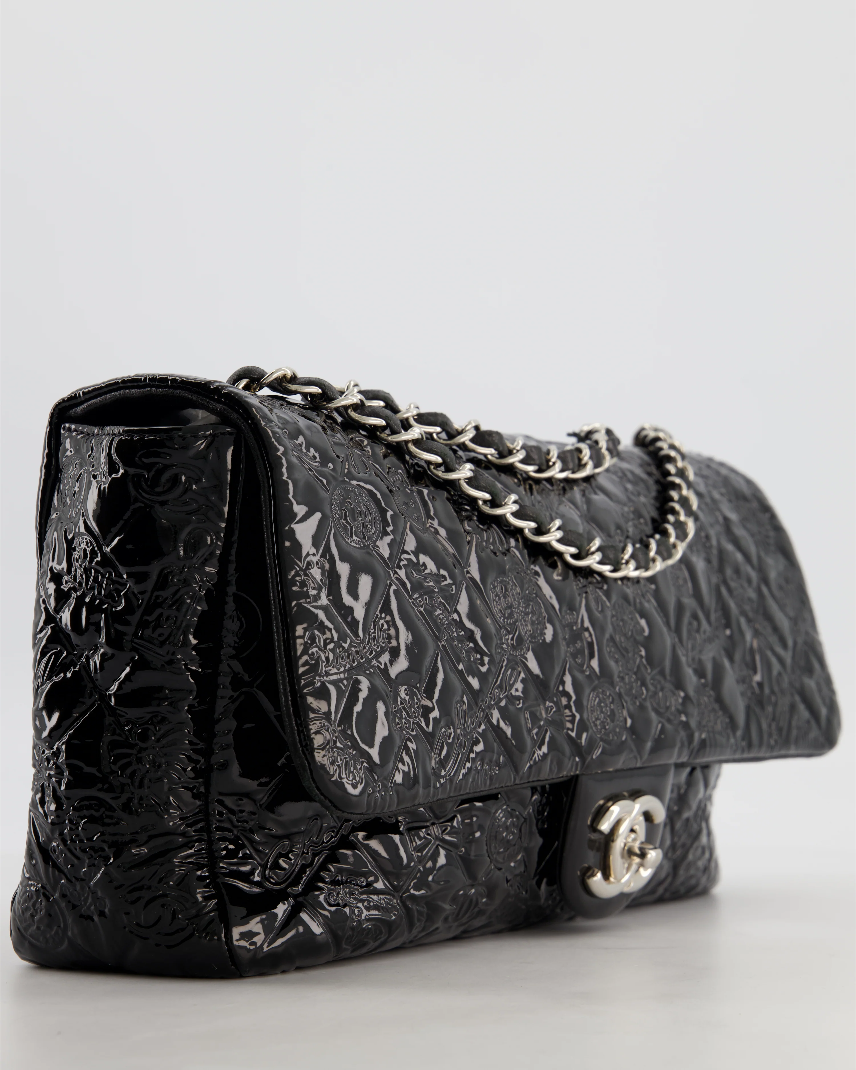 Chanel Black Patent East West Single Flap Bag with Embossed Charm Details and Silver Hardware - Image 11