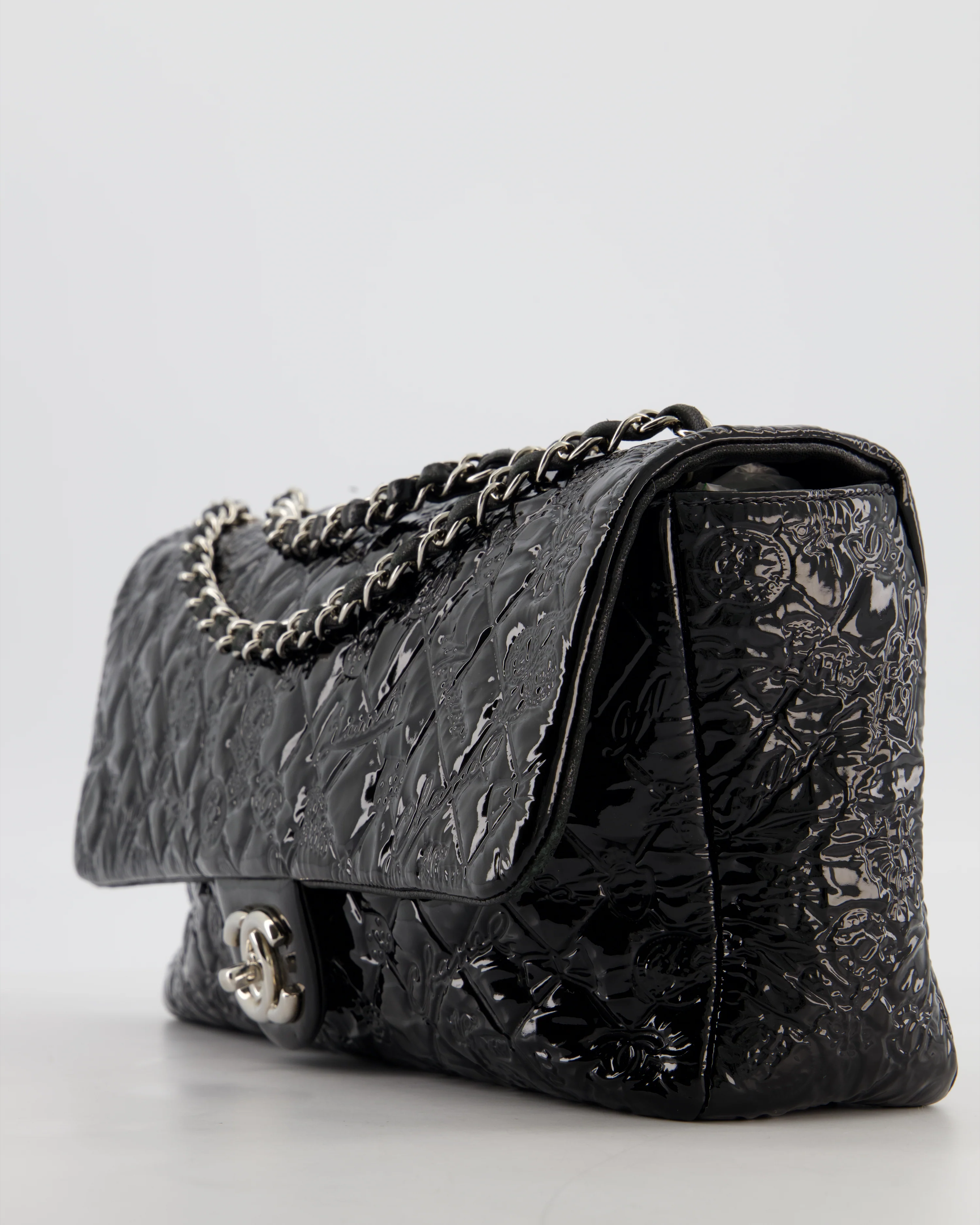 Chanel Black Patent East West Single Flap Bag with Embossed Charm Details and Silver Hardware - Image 12
