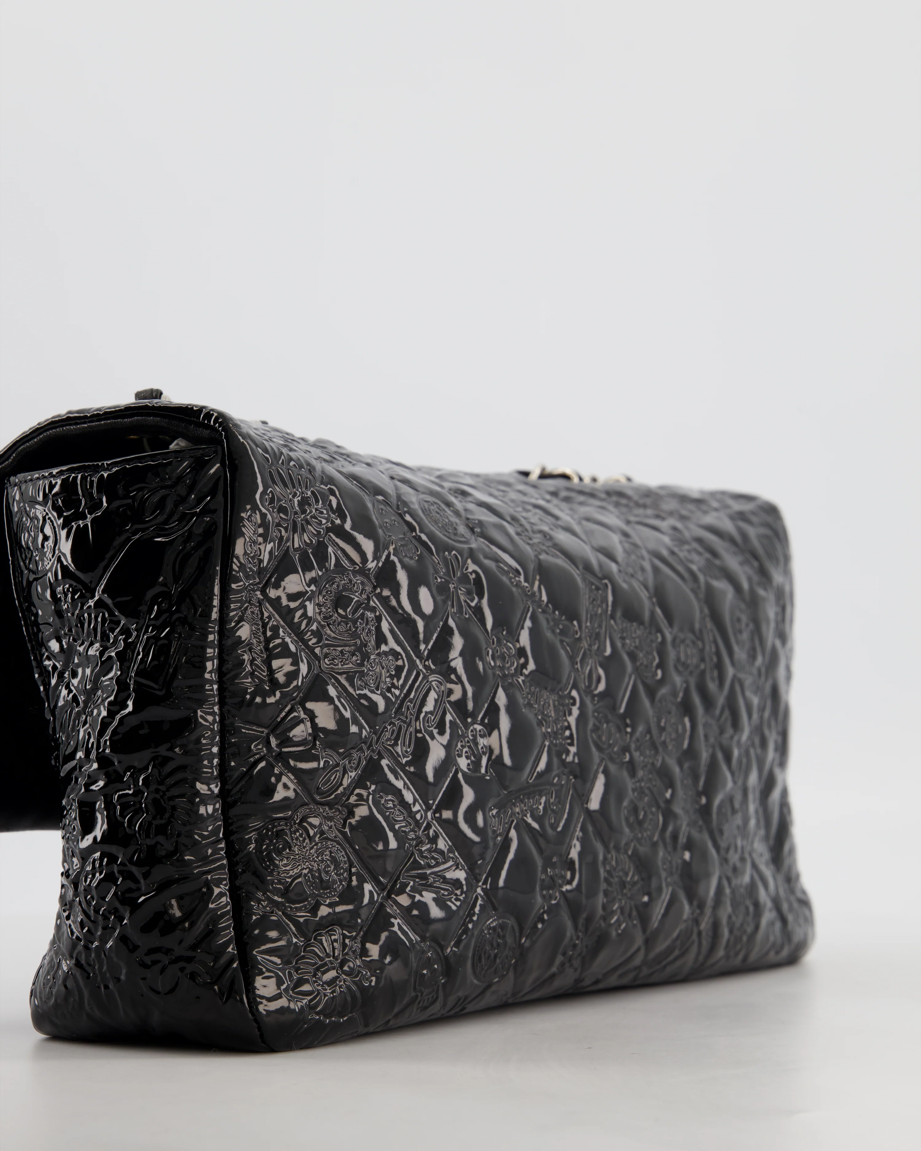 Chanel Black Patent East West Single Flap Bag with Embossed Charm Details and Silver Hardware - Image 14