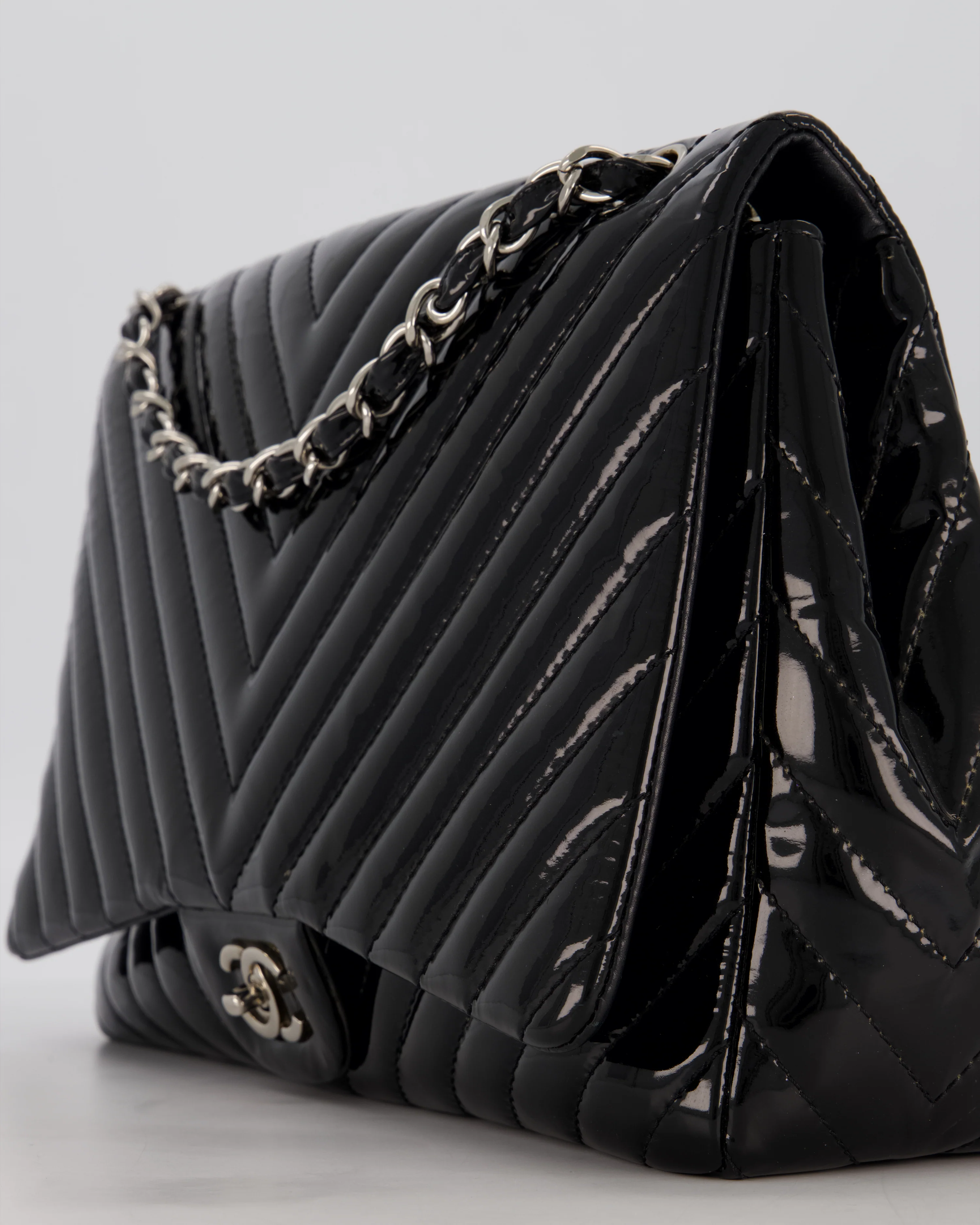 Chanel Black Patent Maxi Classic Single Flap Bag with Silver Hardware - Image 11
