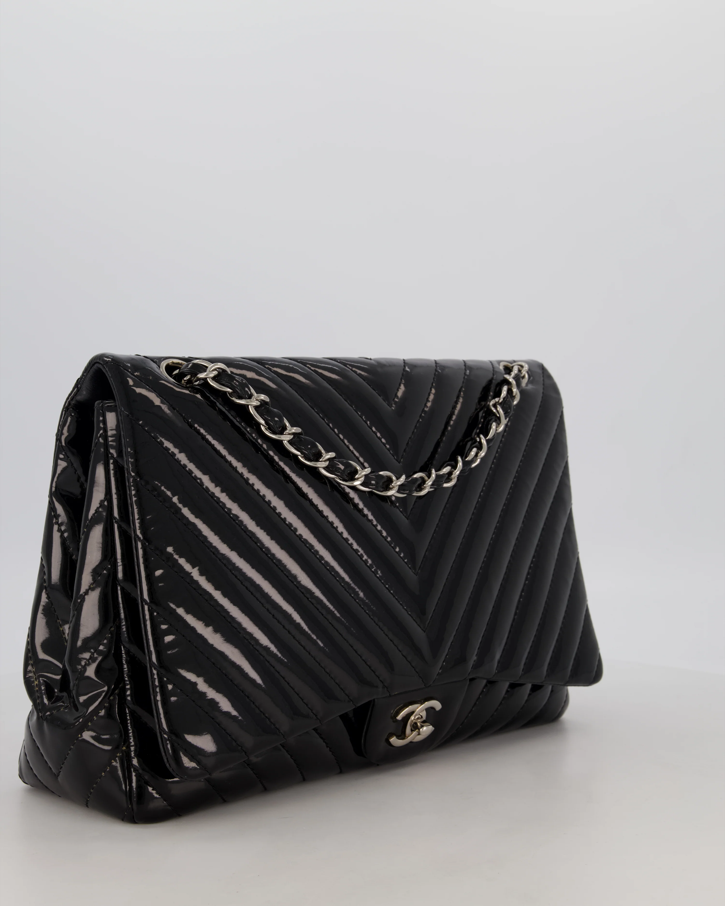 Chanel Black Patent Maxi Classic Single Flap Bag with Silver Hardware - Image 16