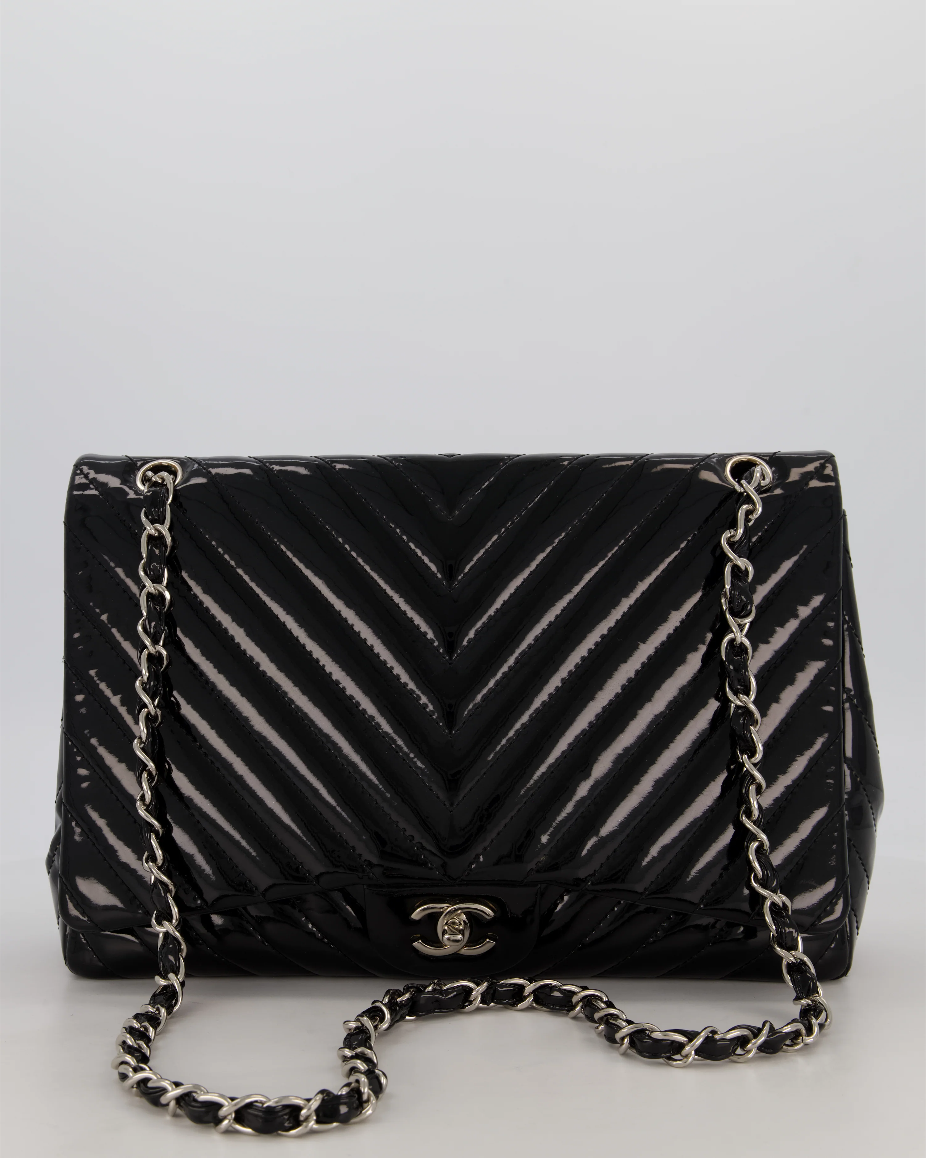 Chanel Black Patent Maxi Classic Single Flap Bag with Silver Hardware - Image 2