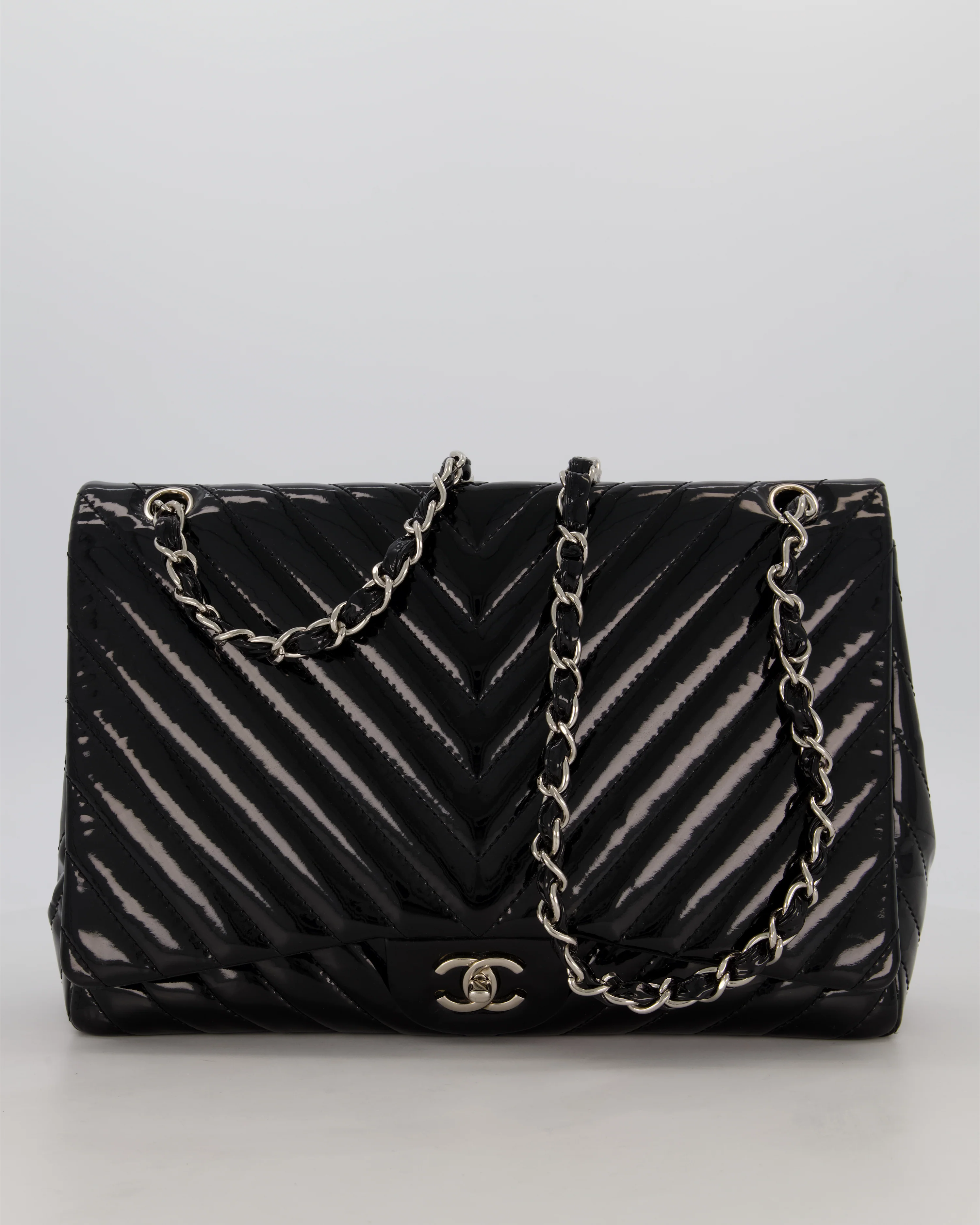 Chanel Black Patent Maxi Classic Single Flap Bag with Silver Hardware - Image 3