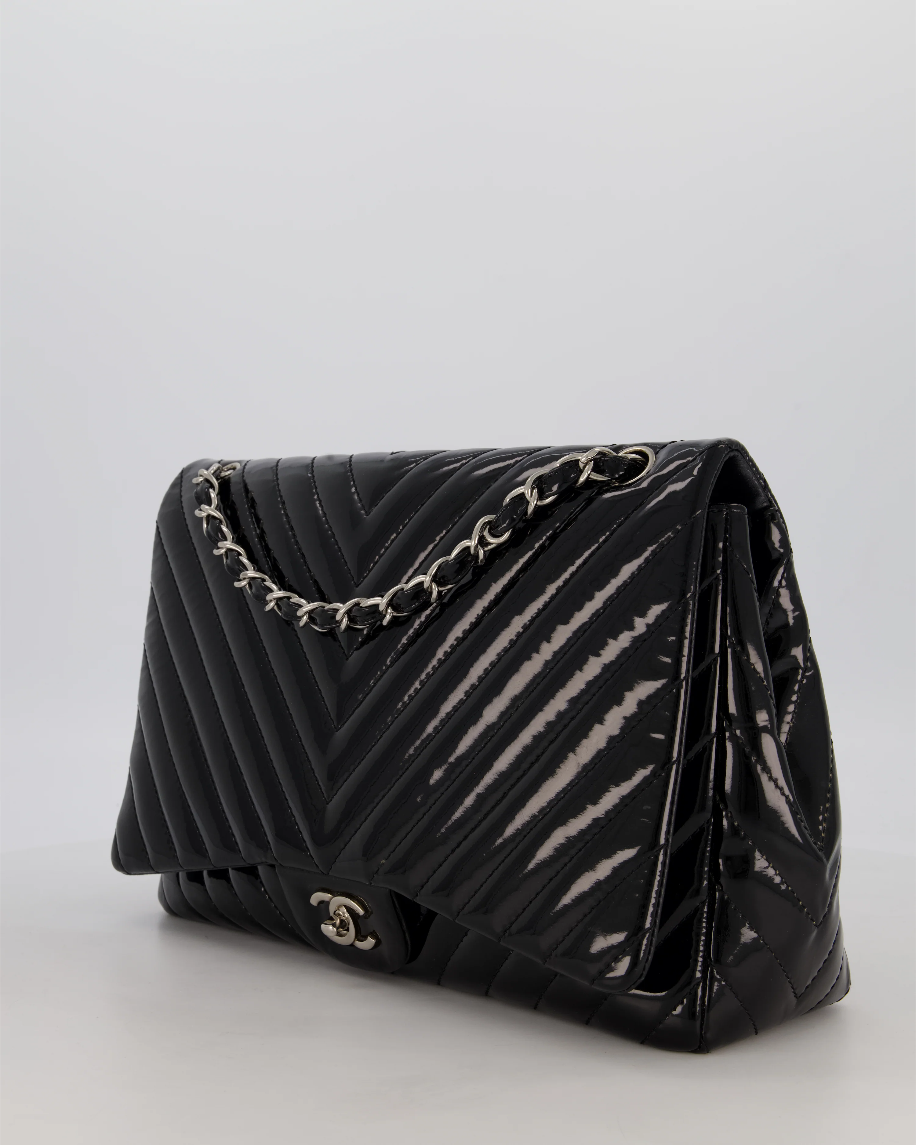 Chanel Black Patent Maxi Classic Single Flap Bag with Silver Hardware - Image 9