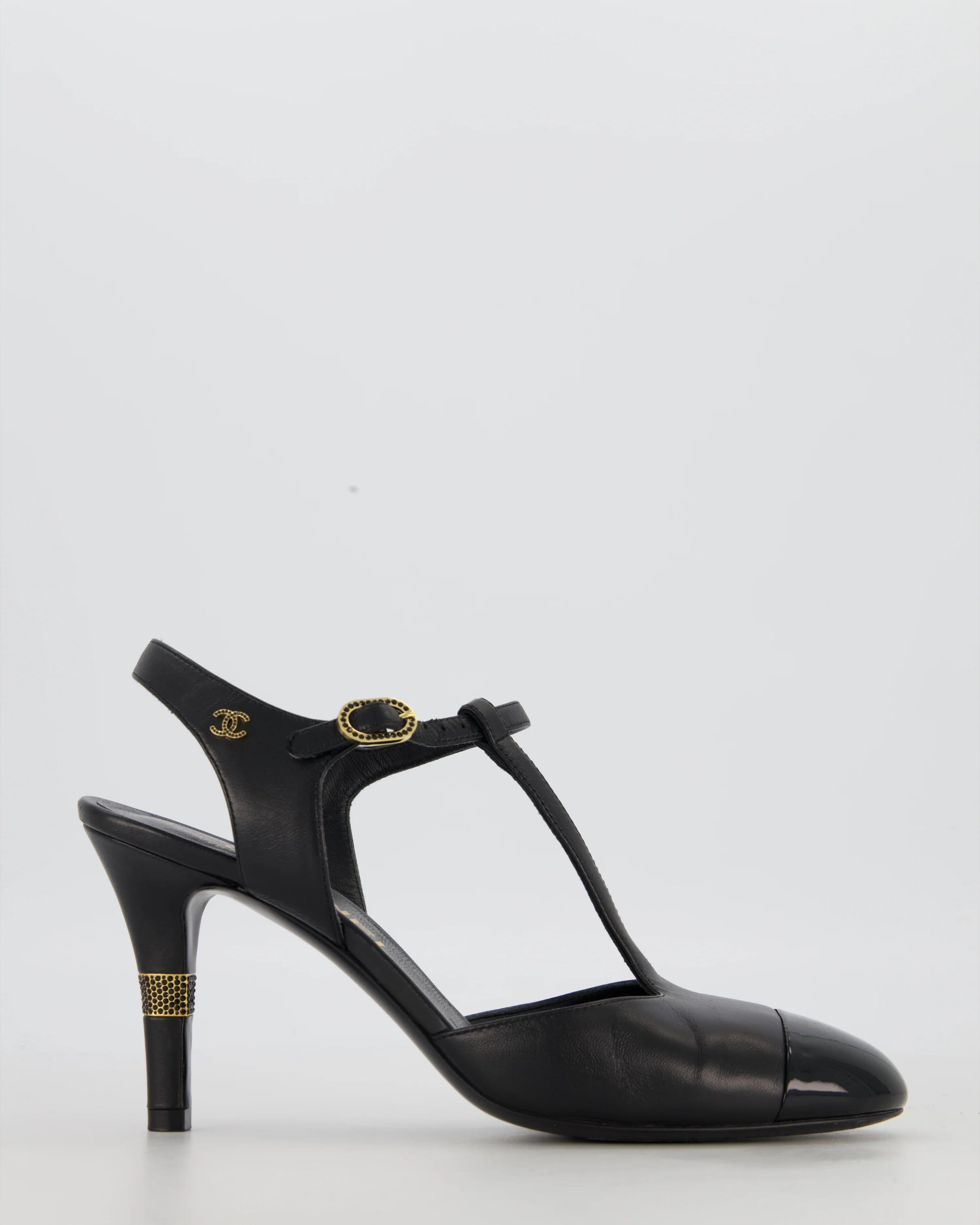 Chanel Black Patent Toe Mary-Jane Heels with CC Logo Detail Size EU 37 C
