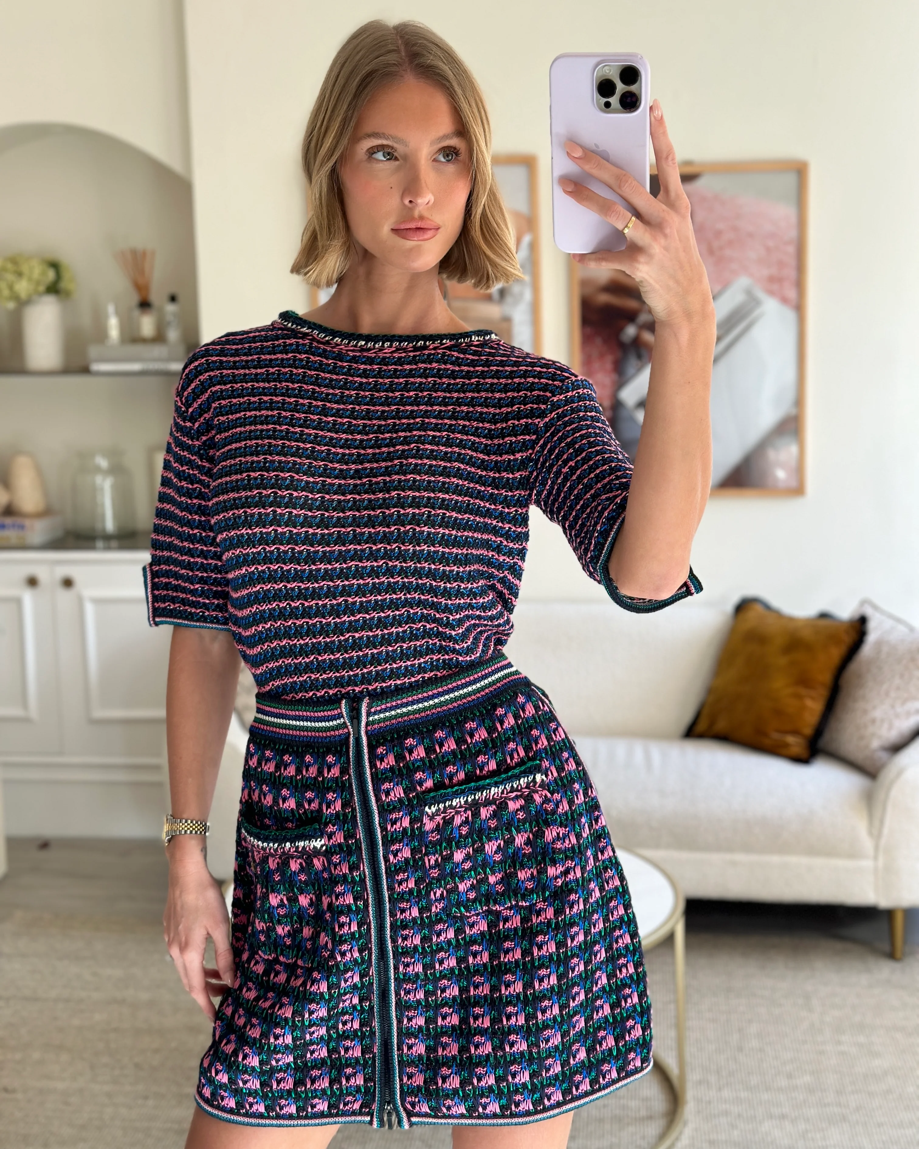 Chanel Black, Pink and Green Tweed Top and Mini Skirt Set with Metallic Fibres Size FR  38 (UK 10) - Image 10