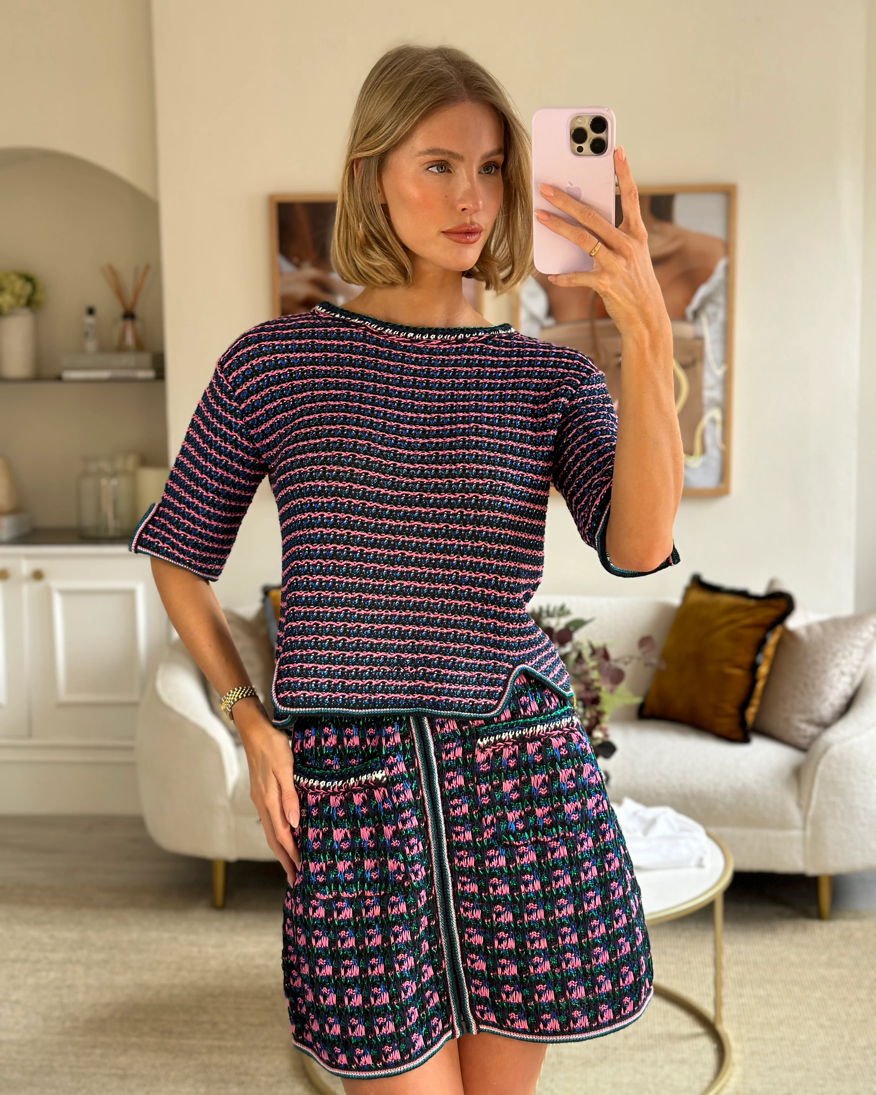 Chanel Black, Pink and Green Tweed Top and Mini Skirt Set with Metallic Fibres Size FR  38 (UK 10) - Image 7