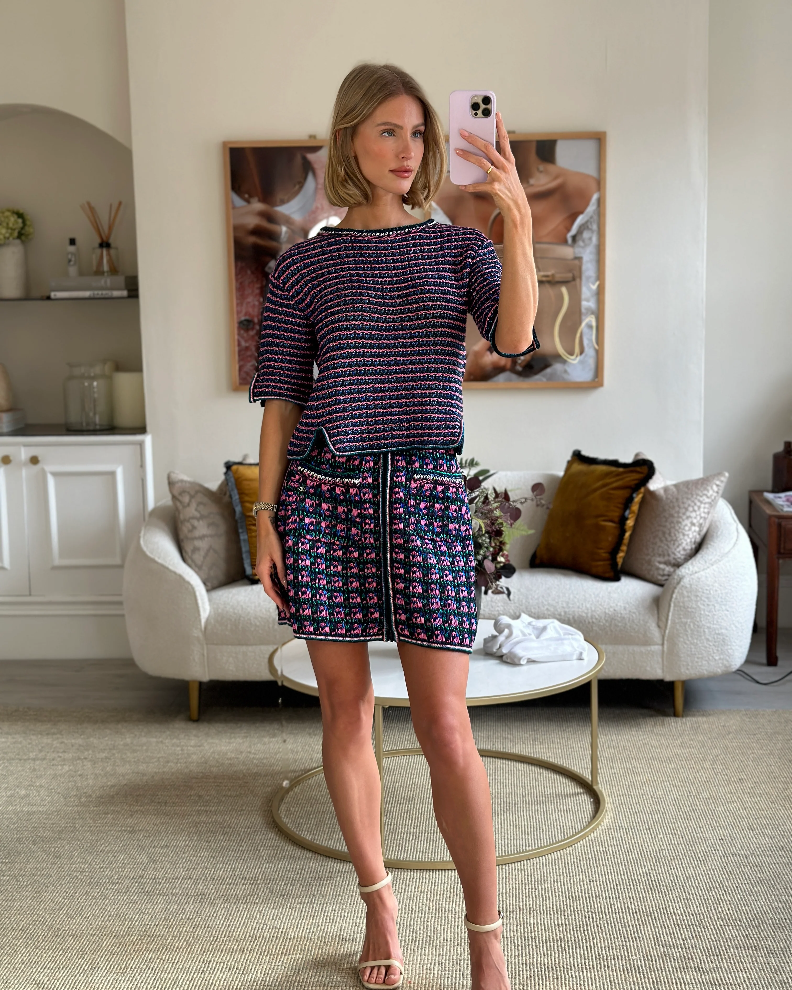 Chanel Black, Pink and Green Tweed Top and Mini Skirt Set with Metallic Fibres Size FR  38 (UK 10) - Image 8