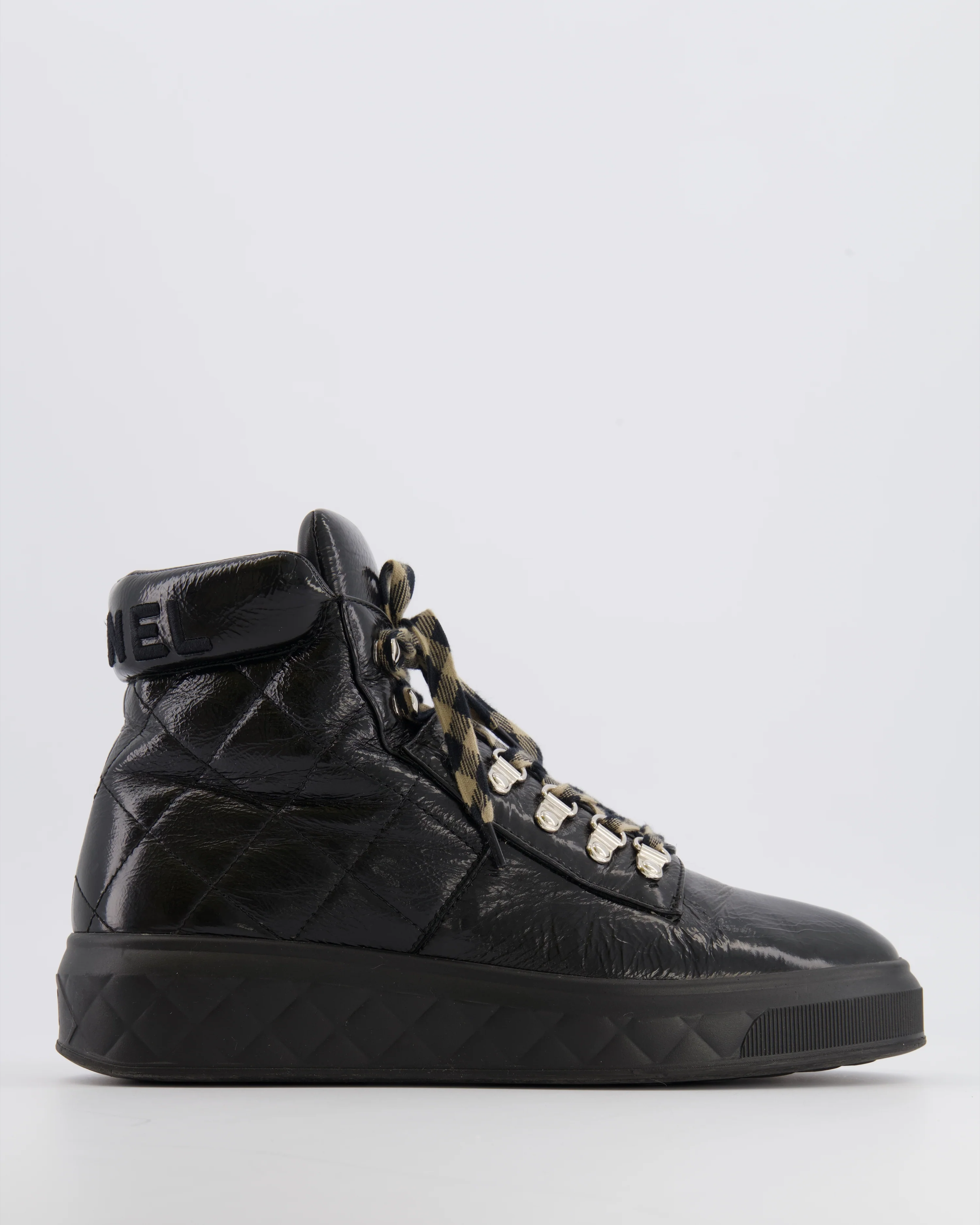 Chanel Black Quilted Calfskin Leather Boots with Embroidered Back Logo and Beige and Black Laces Size EU 39