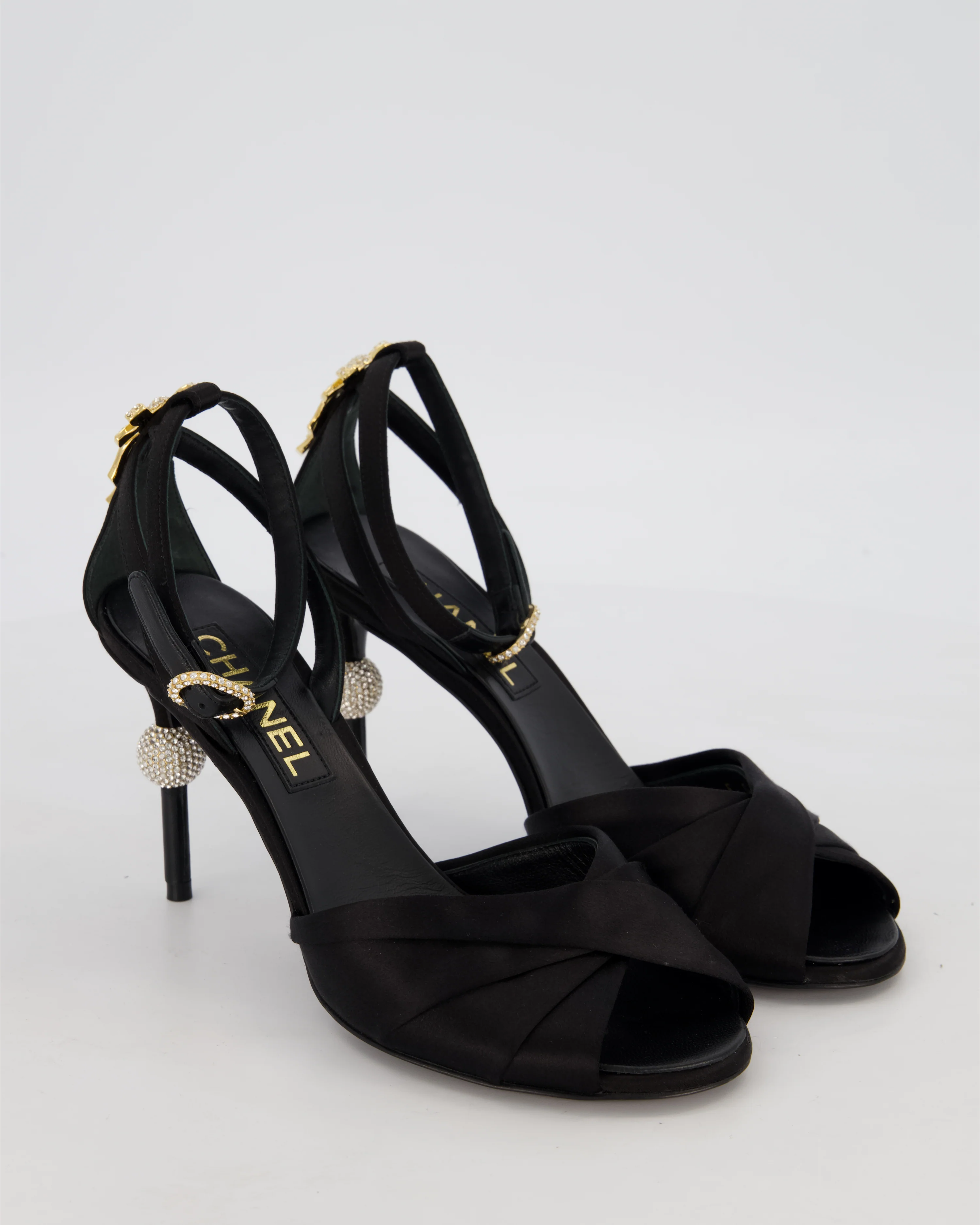 Chanel Black Satin Open Toe Heels with Crystal Bow and CC Detail Size EU 37.5 C - Image 2