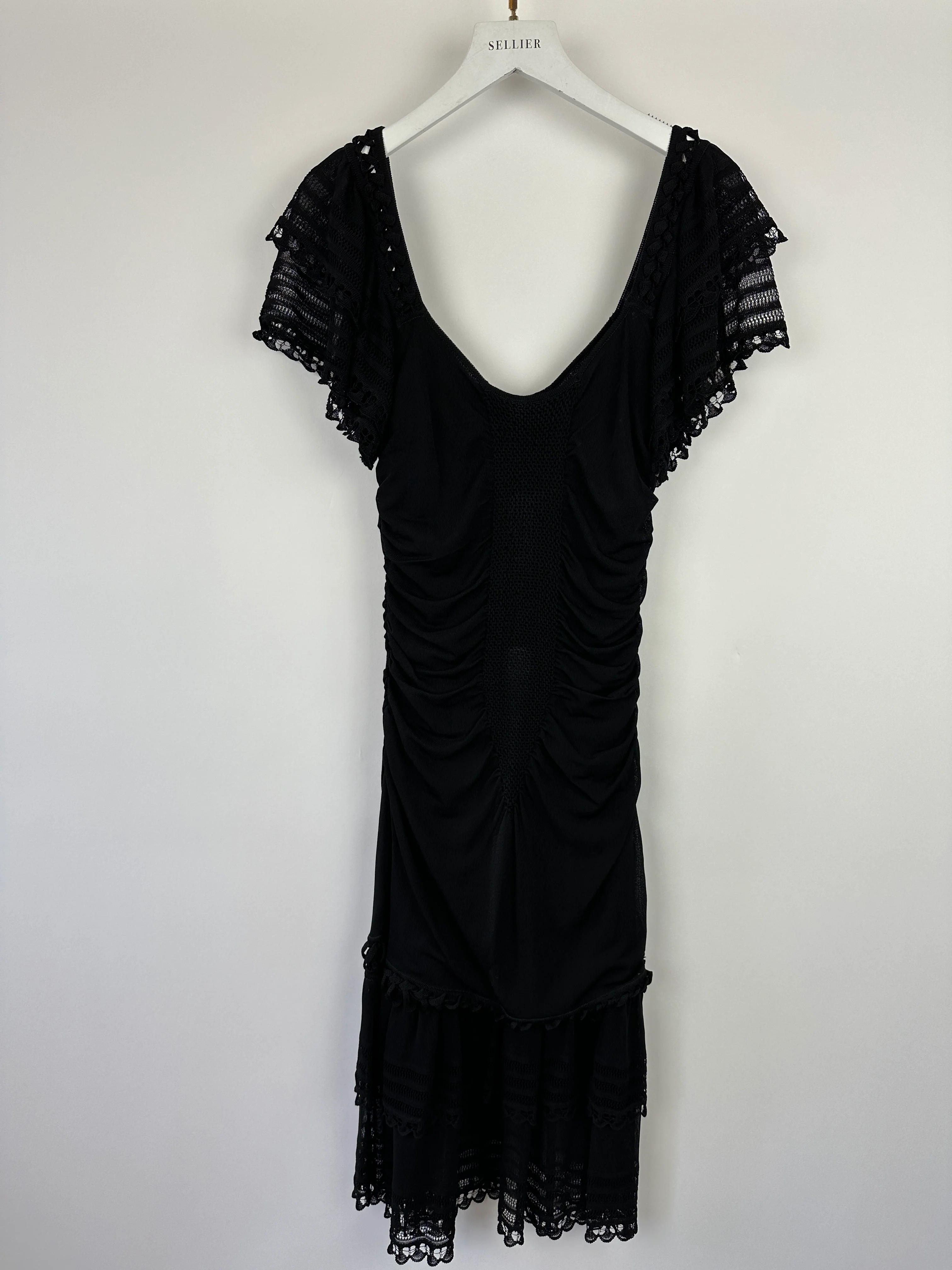 Chanel 07C Black Short Sleeve Midi Dress With Crochet and Ruching Detail FR 36 (UK 8) - Image 8