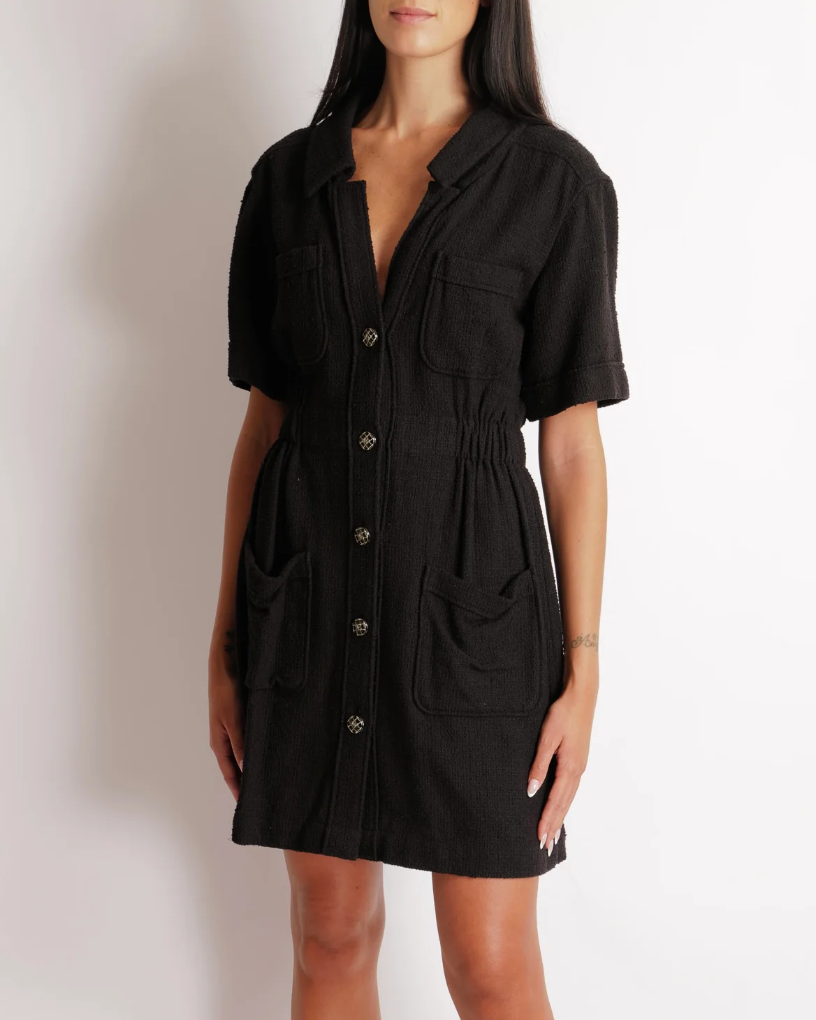 Chanel Black Short-Sleeved Mini Dress with Gathered Waist and Silver and Black Quilted CC Logo Buttons Size FR 38 (UK 10) - Image 2