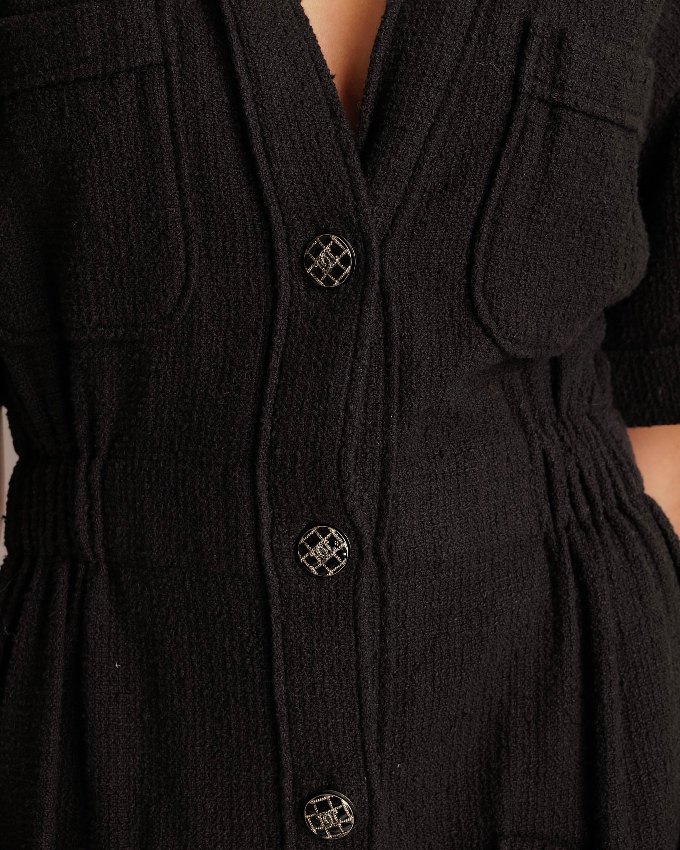 Chanel Black Short-Sleeved Mini Dress with Gathered Waist and Silver and Black Quilted CC Logo Buttons Size FR 38 (UK 10) - Image 3
