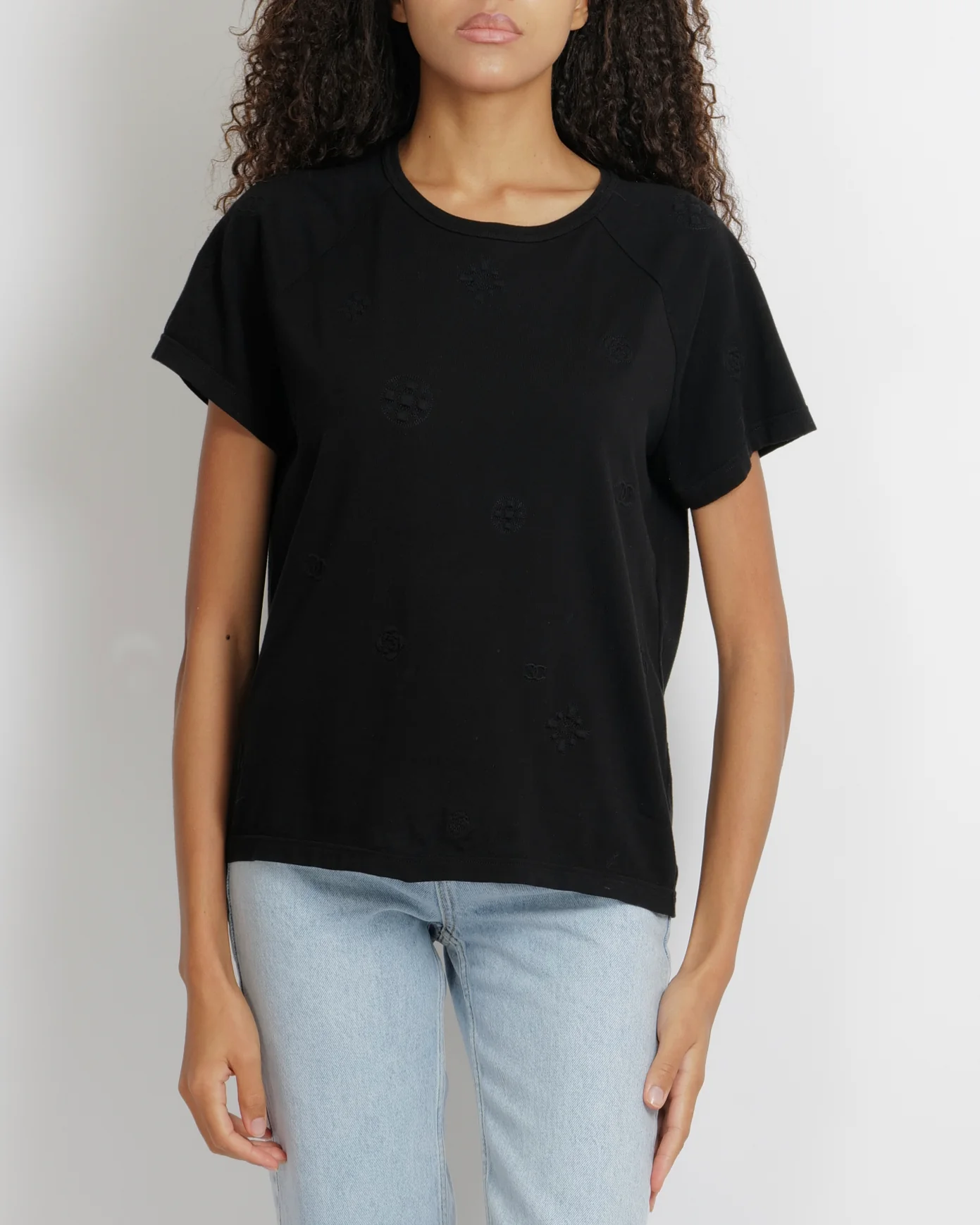 Chanel Black Short-Sleeved T-Shirt with Textured Embroideries and CC Logos Size FR 40 (UK 12)