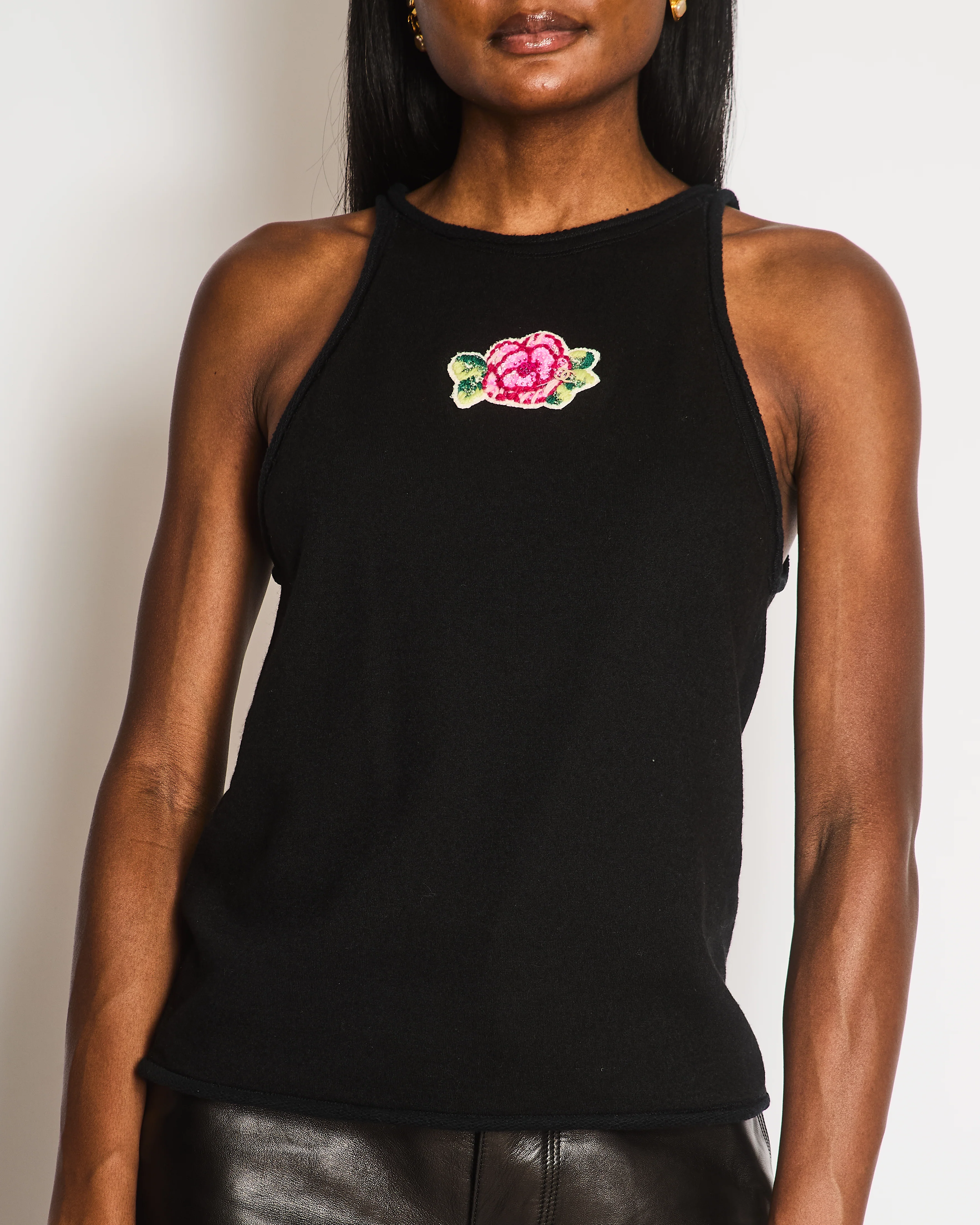 Chanel Black Sleeveless Tank Top with Flower Embellished Pattern and CC Logo Detail Size FR 38 (UK 10) - Image 2