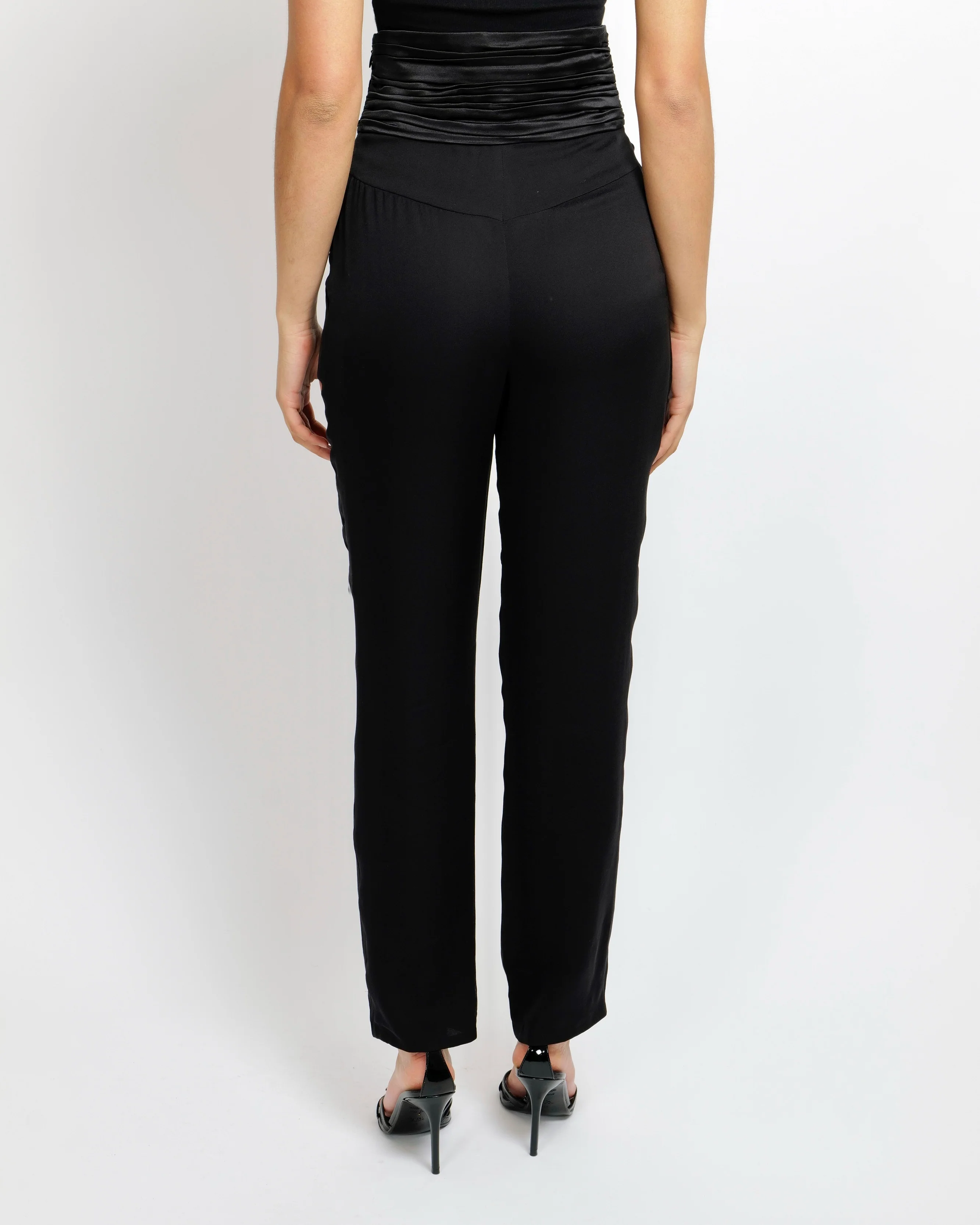 Chanel Black Silk Trousers with Pleated Waistband and Silver Crystal Button Detail Size FR 36 (UK 8) - Image 2