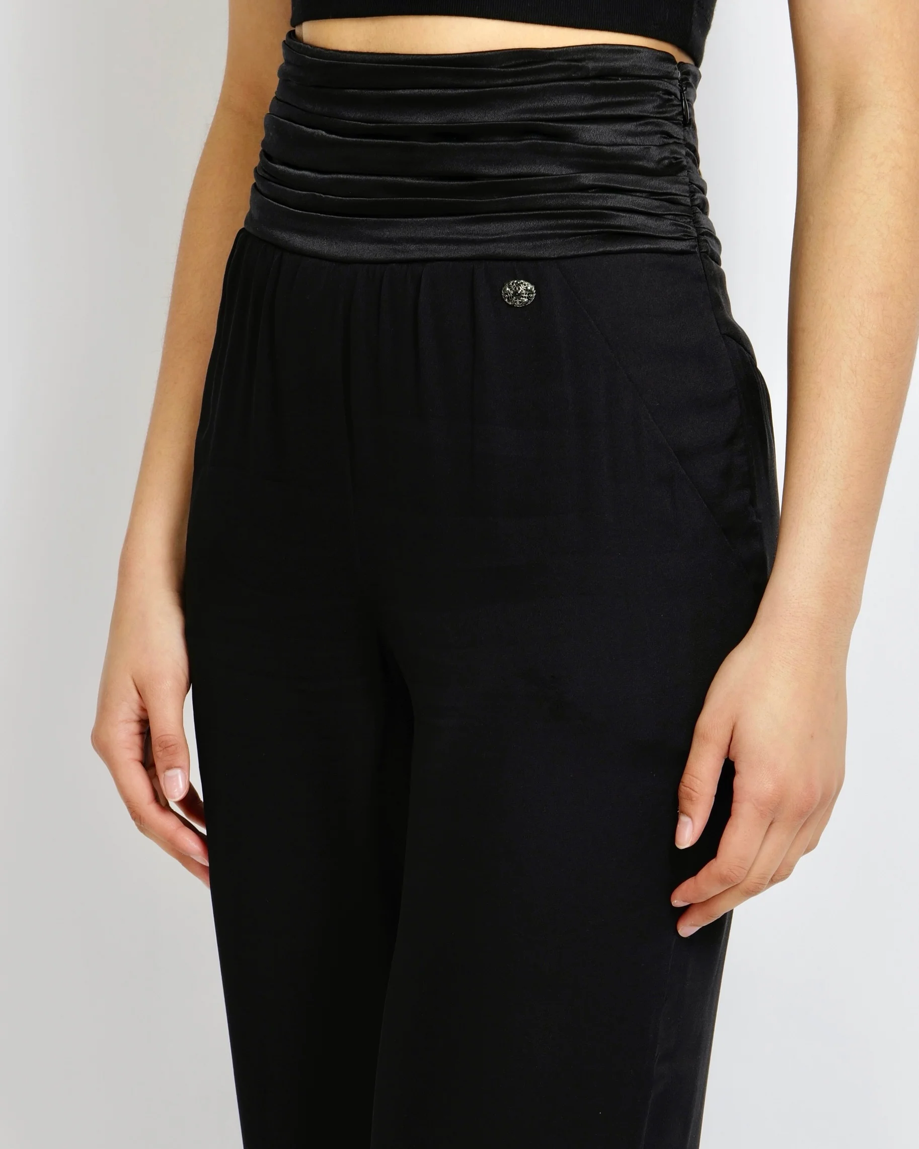 Chanel Black Silk Trousers with Pleated Waistband and Silver Crystal Button Detail Size FR 36 (UK 8) - Image 3