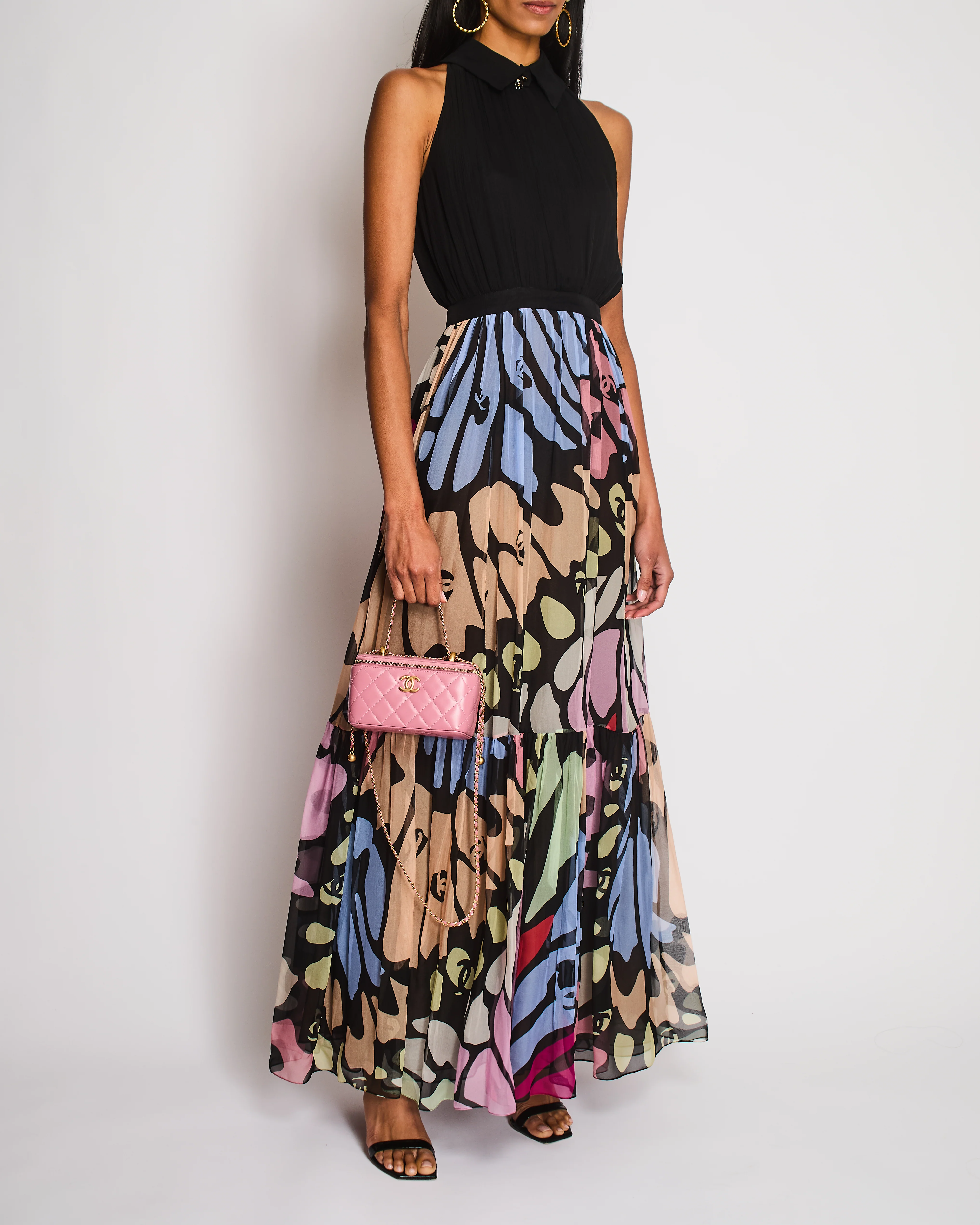 Chanel SS/22 Black Sleeveless Maxi Dress with Floral CC Panel Detail Size FR 36 (UK 8)