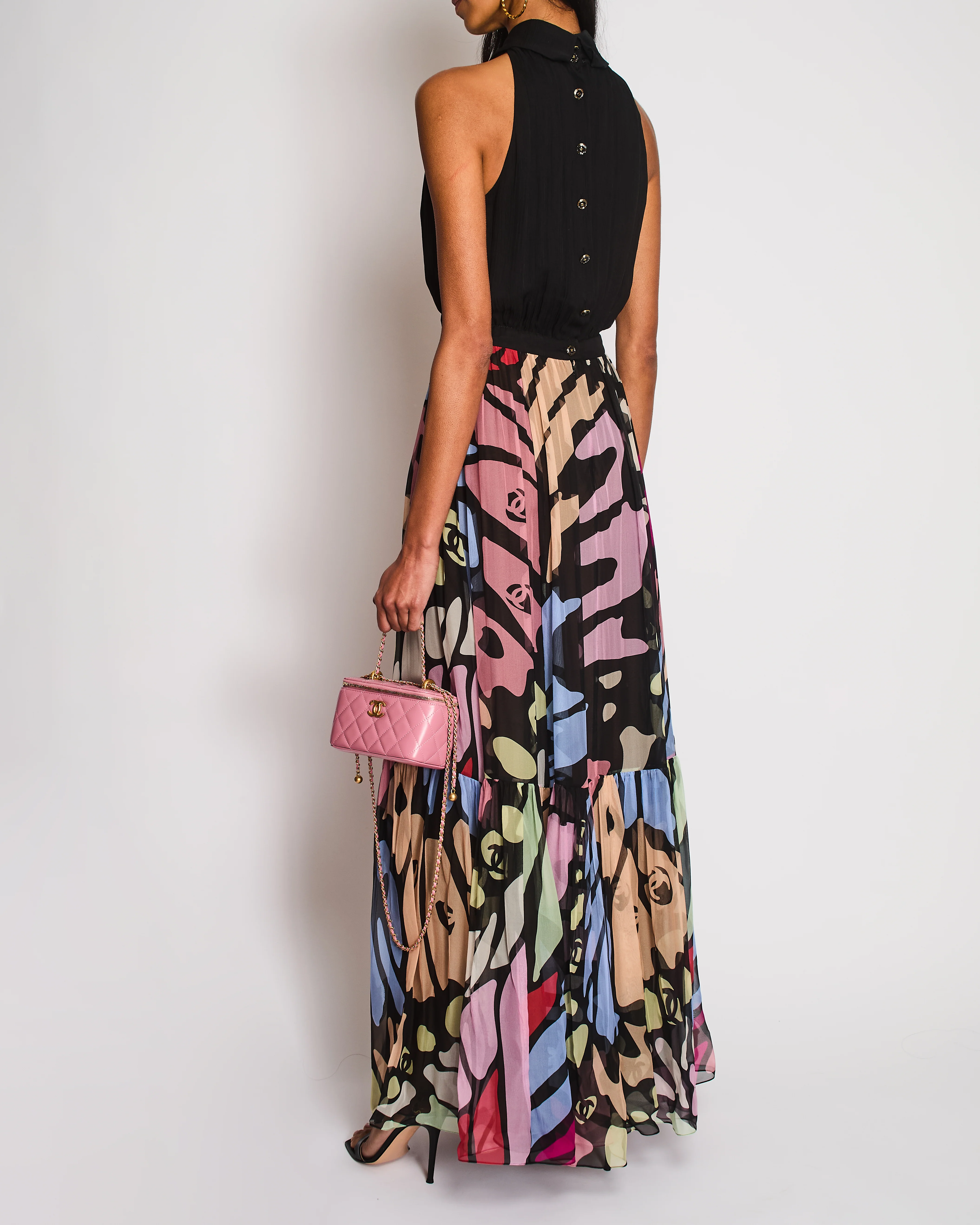 Chanel SS/22 Black Sleeveless Maxi Dress with Floral CC Panel Detail Size FR 36 (UK 8) - Image 3
