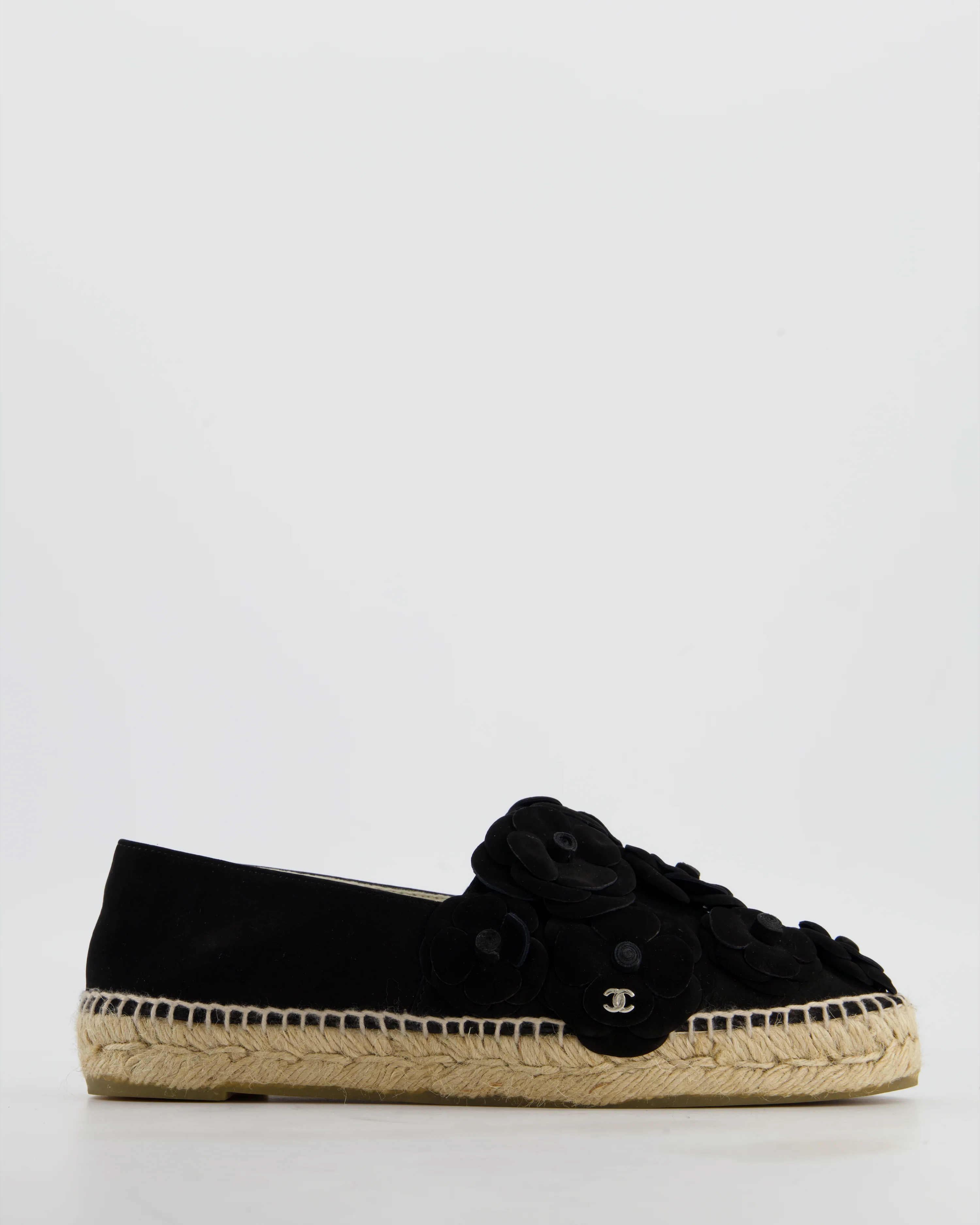 Chanel Black Suede Camellia Espadrilles with CC Logo Detail Size EU 38