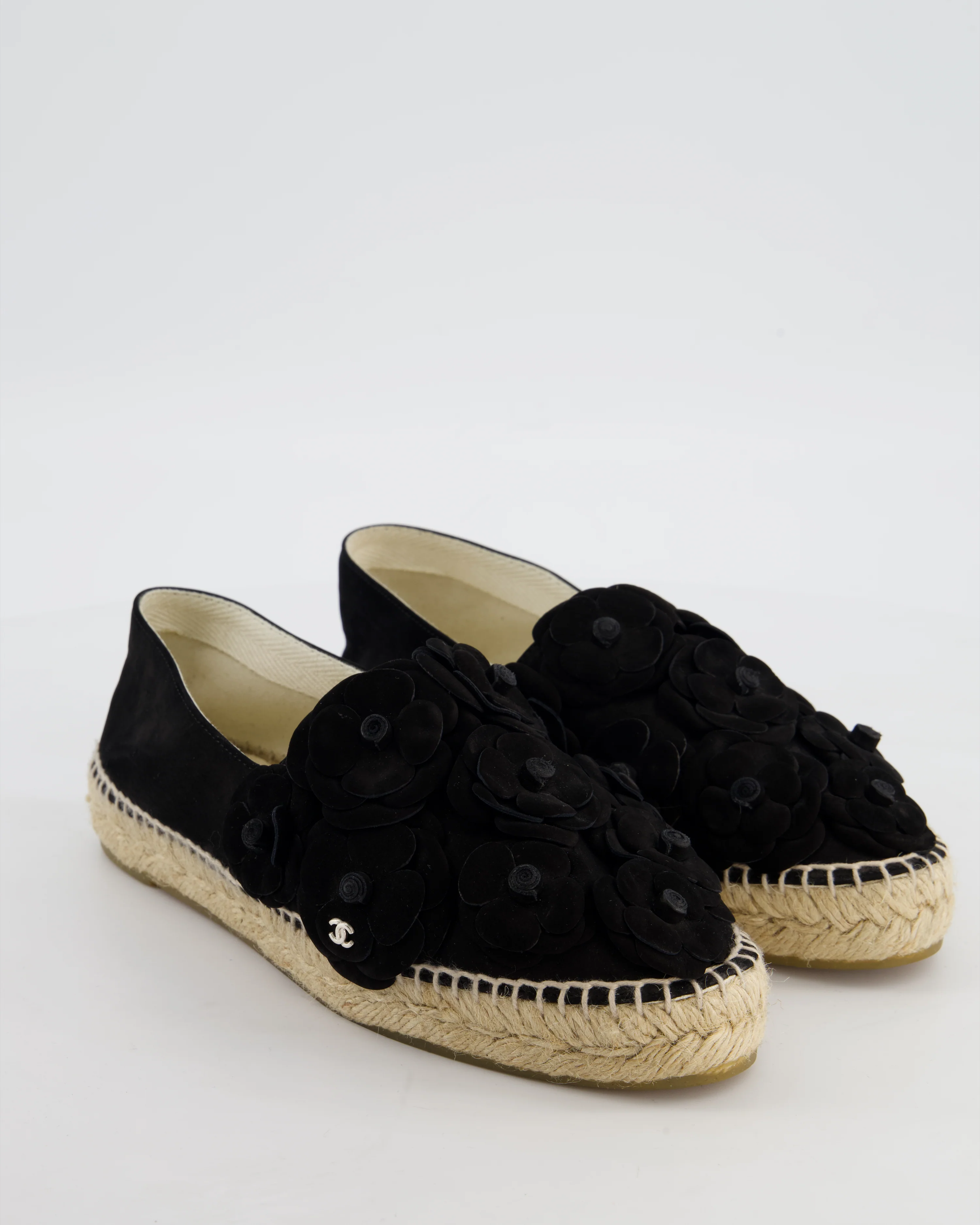 Chanel Black Suede Camellia Espadrilles with CC Logo Detail Size EU 38 - Image 3