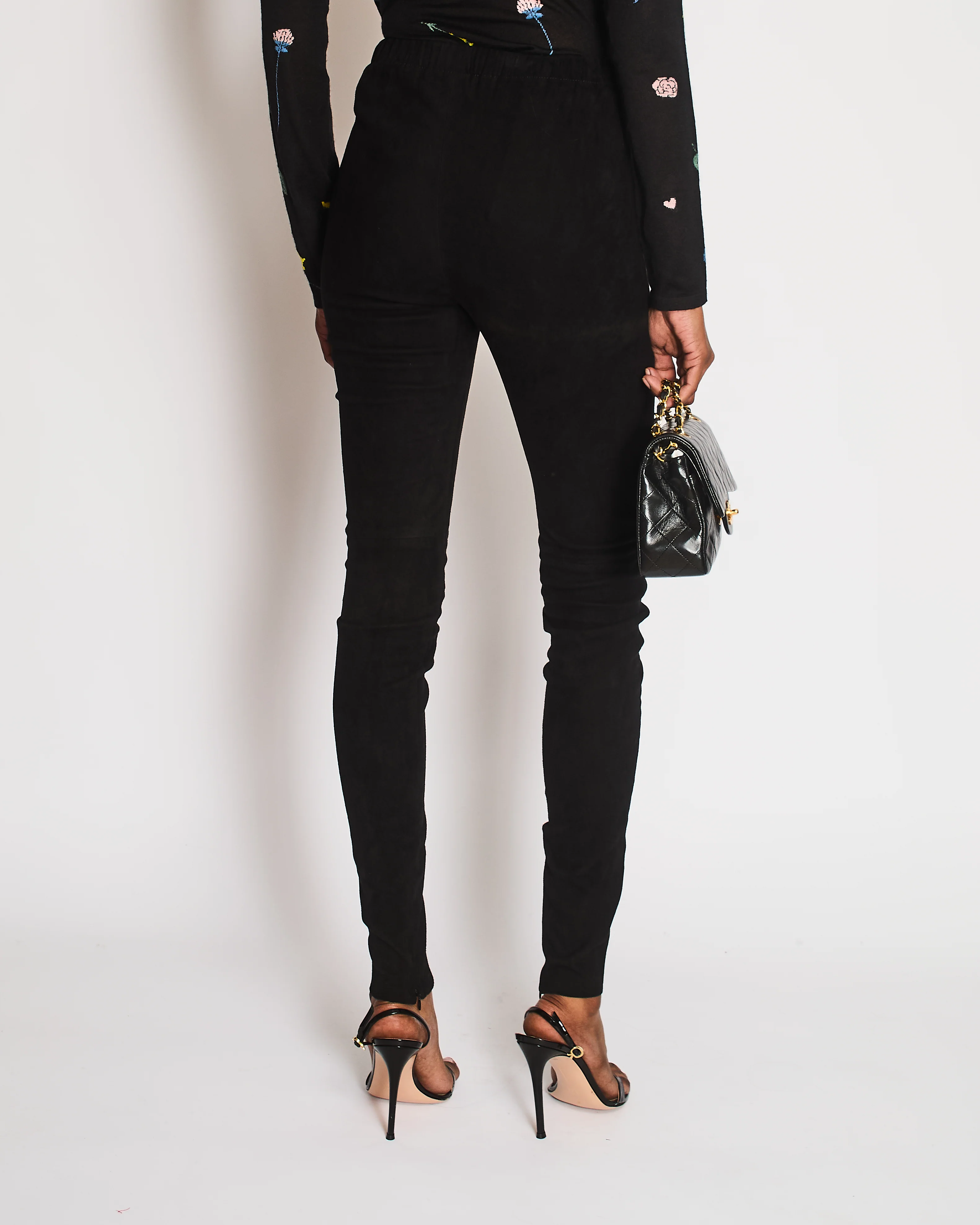 Chanel Black Suede Trousers with Bottom Zipper Details and Silver CC Logo Buttons Size FR 34 (UK 6) - Image 2