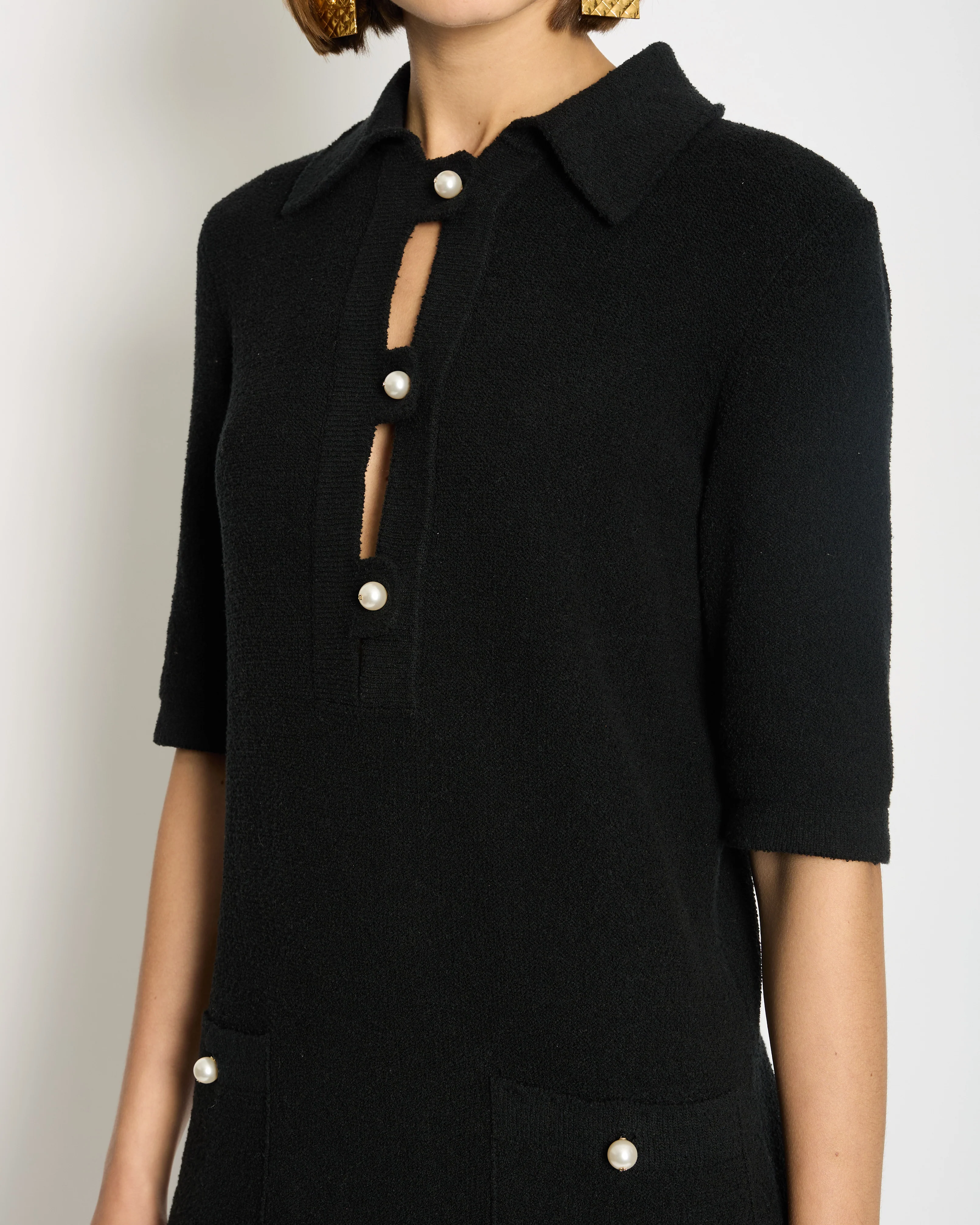 Chanel 23P Black Terry Fabric Short Sleeve Dress with Pearl CC Buttons Detail Size FR 34 (UK 6) RRP £3000 - Image 4