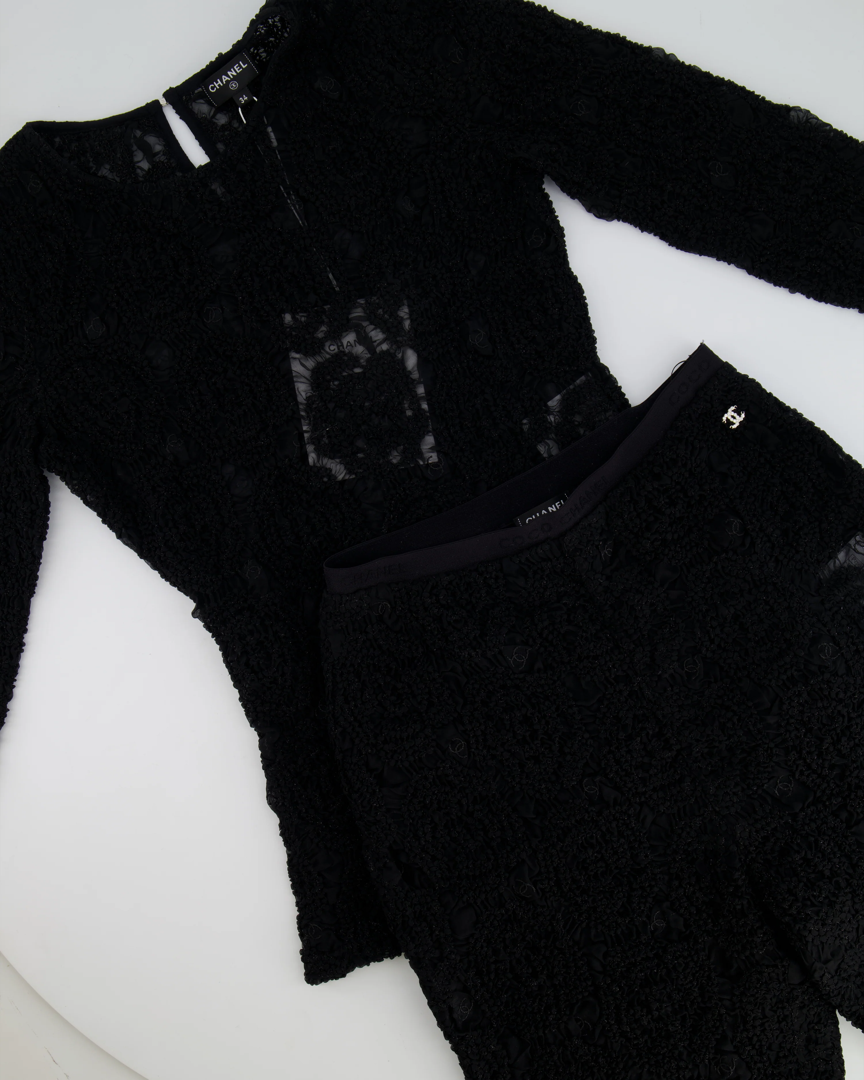 Chanel Black Lace Tulle Top and Cyclist Shorts Set with Camellia Details and Crystal CC Logos Size FR 34 (UK 6) - Image 8
