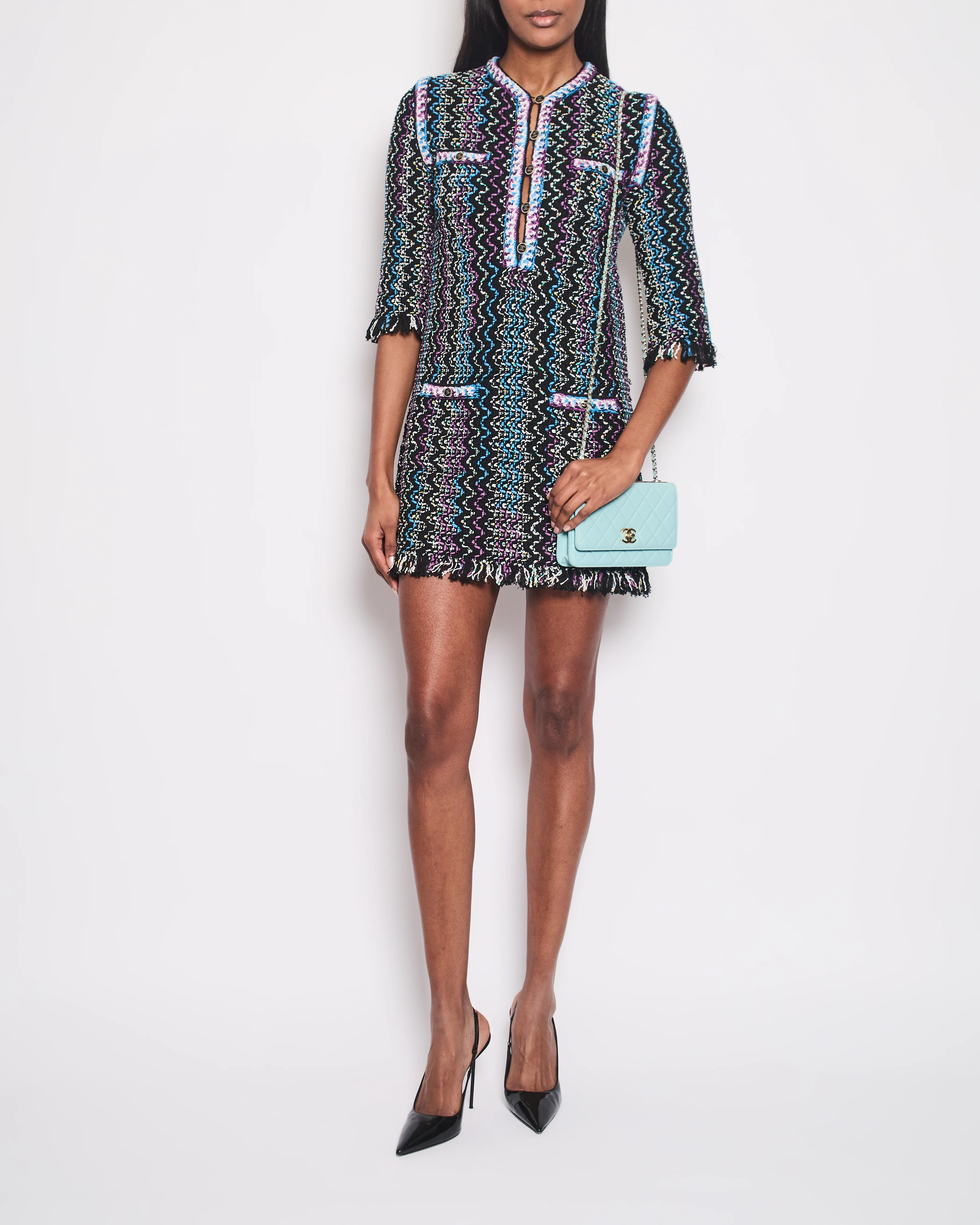 Chanel Black, Turquoise & Purple Zig Zag Dress with Frayed Edge Size FR 34 (UK 6)