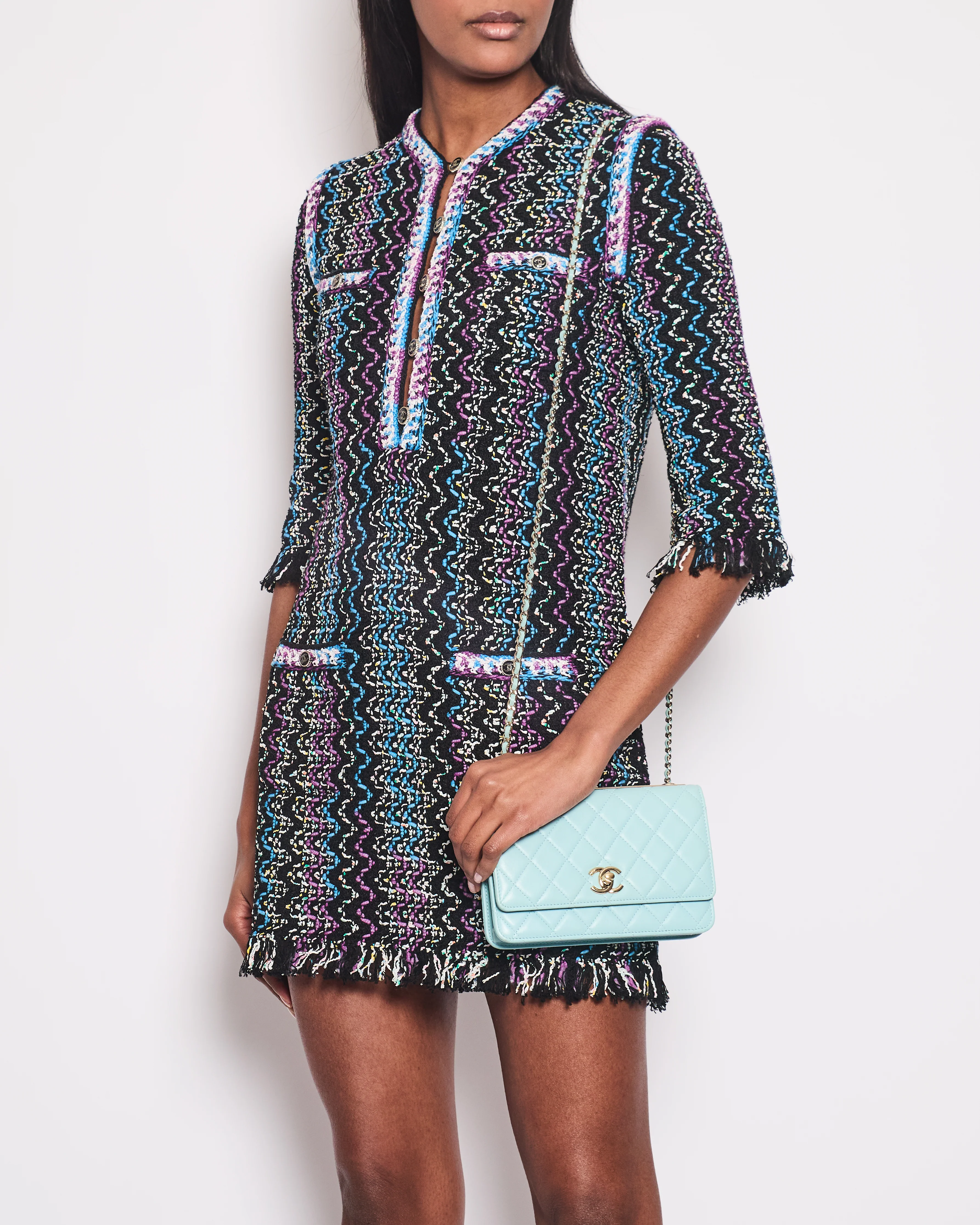 Chanel Black, Turquoise & Purple Zig Zag Dress with Frayed Edge Size FR 34 (UK 6) - Image 2