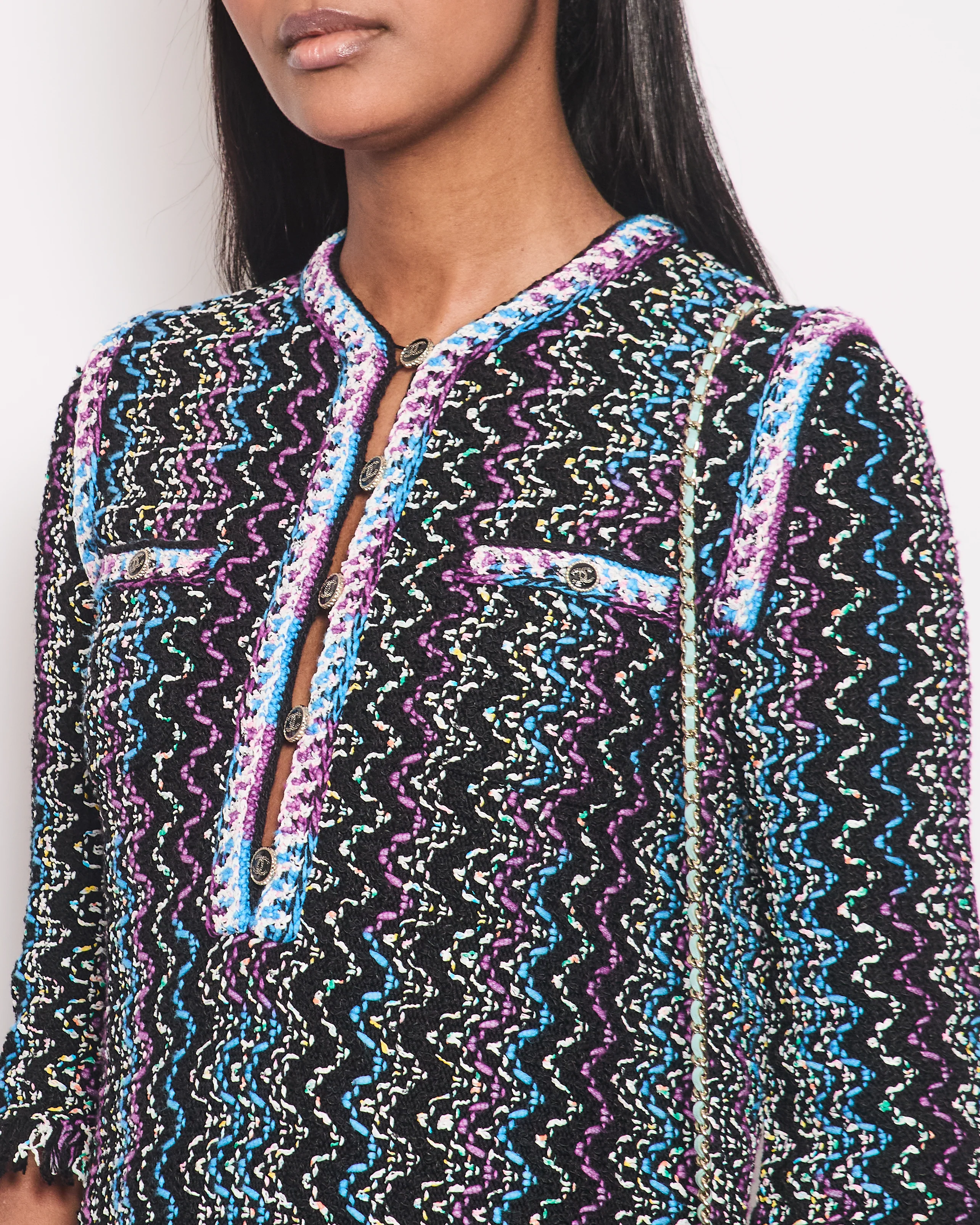Chanel Black, Turquoise & Purple Zig Zag Dress with Frayed Edge Size FR 34 (UK 6) - Image 3