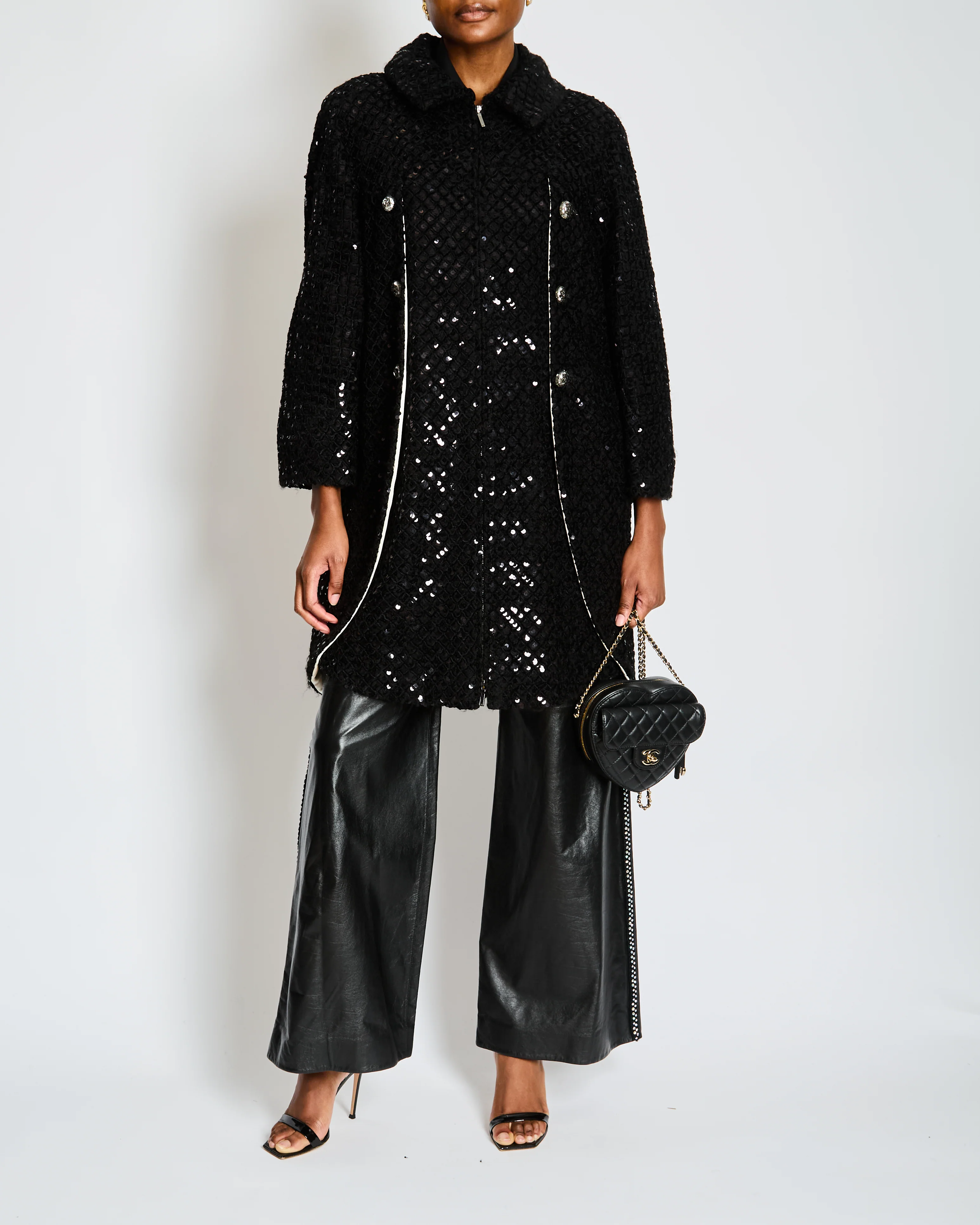 Chanel Fall 2014 Black Tweed and Sequin Knee Length Jacket with Collar and Camellia Detail Buttons and Cream Silk Panels Size FR 36 (UK 8)