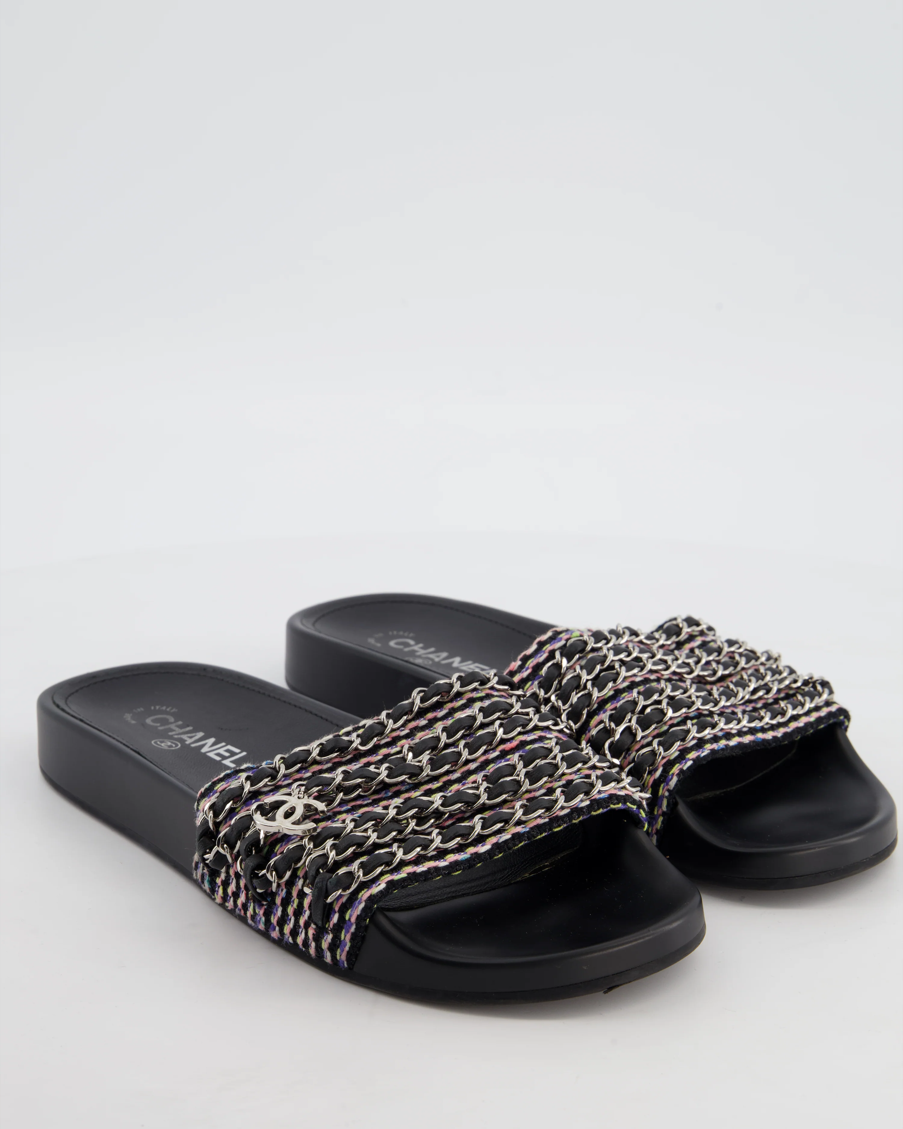 Chanel Black Tweed Chain CC Sandals Size EU 41 - Image 2
