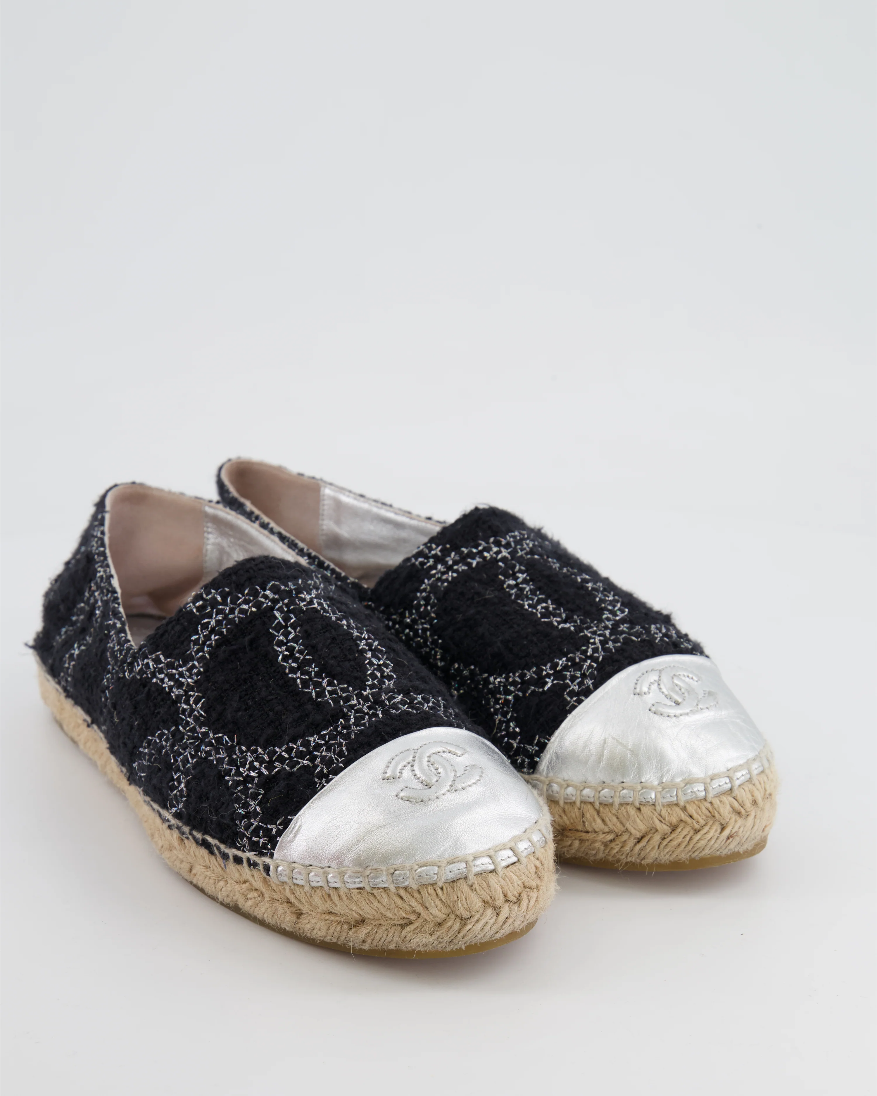 Chanel Black CC Tweed Espadrilles with Silver Metallic Logo Size EU 40 - Image 2