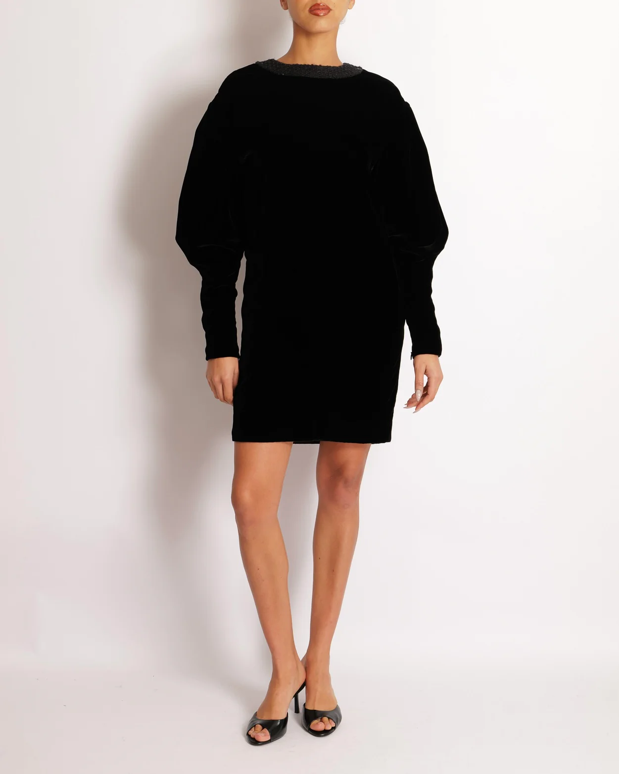 Chanel Black Velours Mini Dress with Black Tweed and Sequins Neckline Detail with Gold CC Logo Buttons Size FR 34 (UK 6)