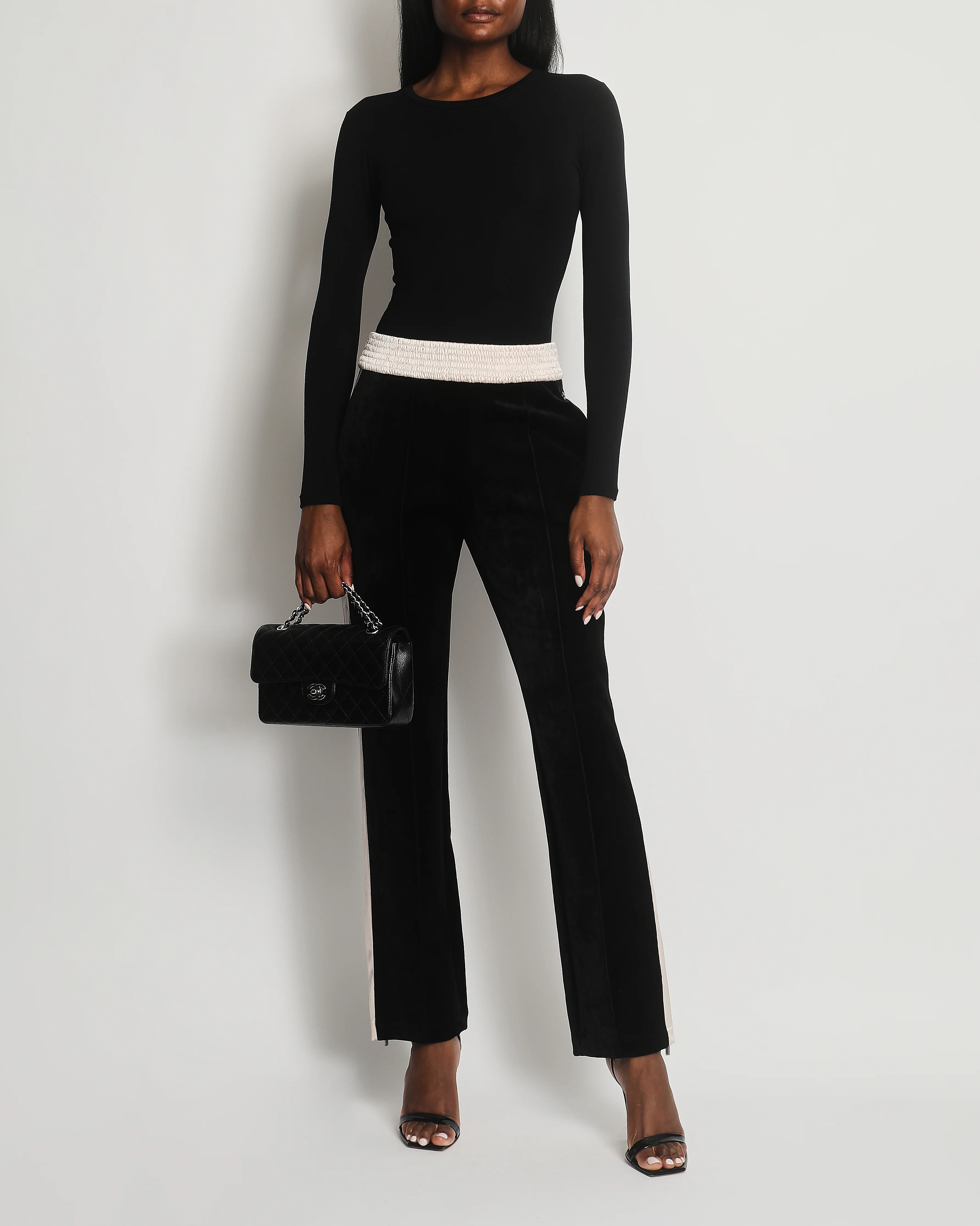 Chanel Black Velvet & Cream Satin Tracksuit Trousers with Elasticated Waist, Logo & Zips Detail Size FR 38 (UK 10)